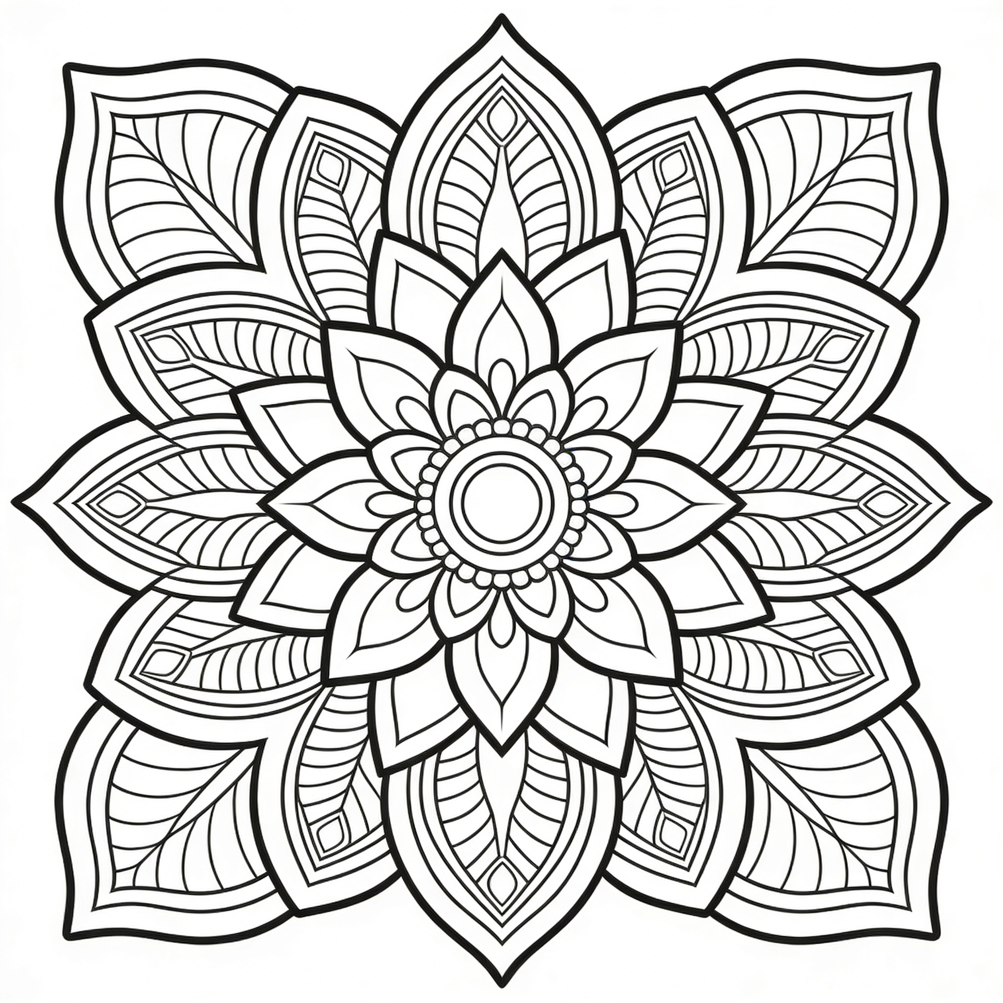 Symmetrical Lotus-Inspired Mandala with Layered Petals — free printable coloring page