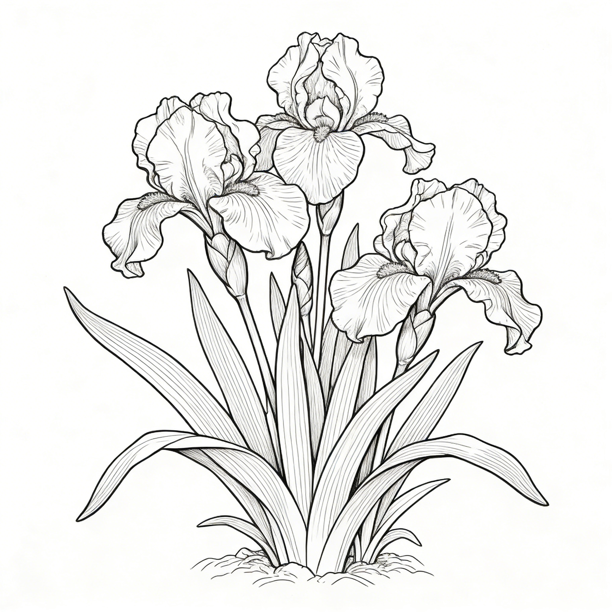 Three Bearded Iris Blooms with Sword Foliage — free printable coloring page