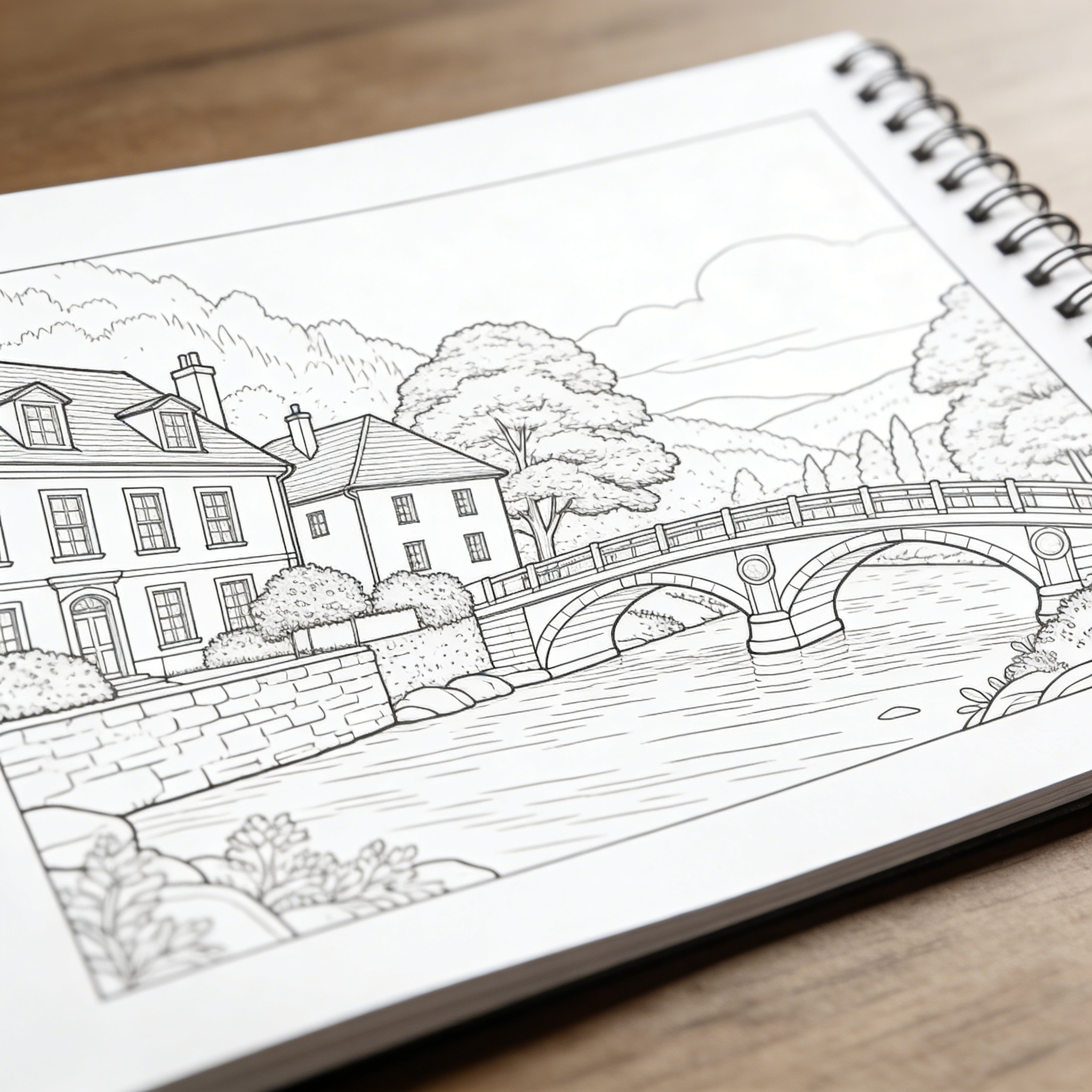 Countryside Cottages by River with Stone Arch Bridge — free printable coloring page