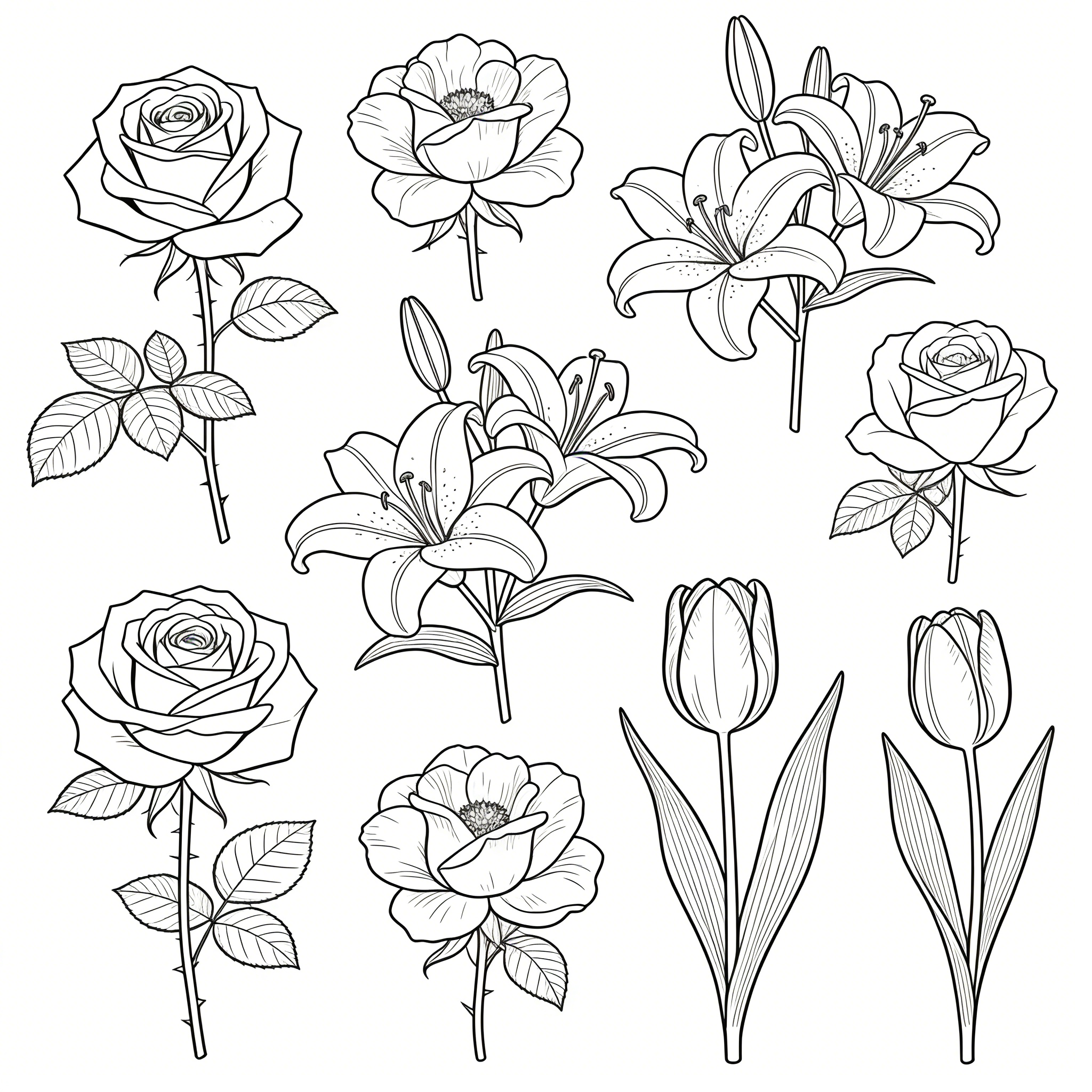 Hybrid Roses, Stargazer Lilies, and Tulip Collection — free printable coloring page