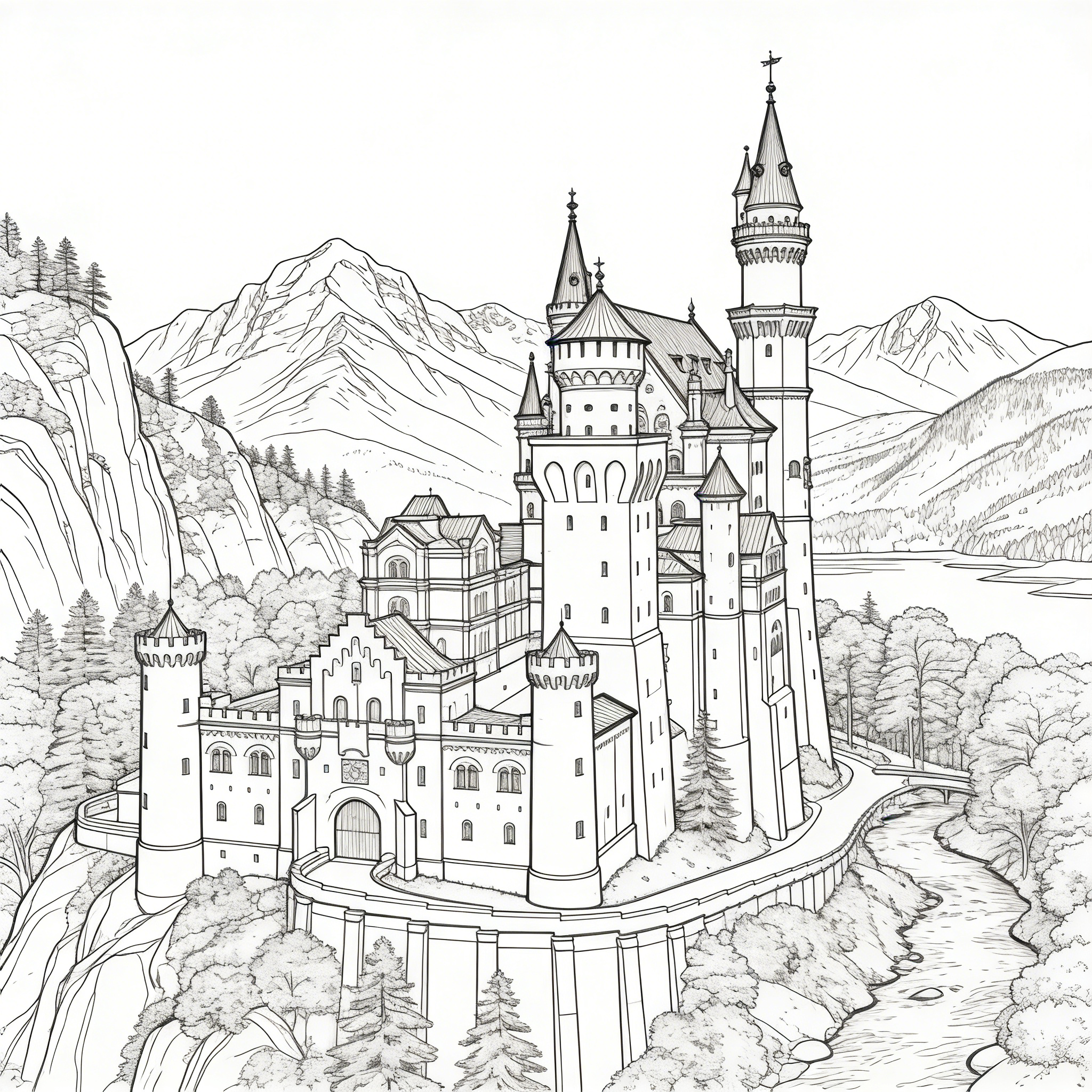 Neuschwanstein Castle in Alpine Mountain Landscape — free printable coloring page