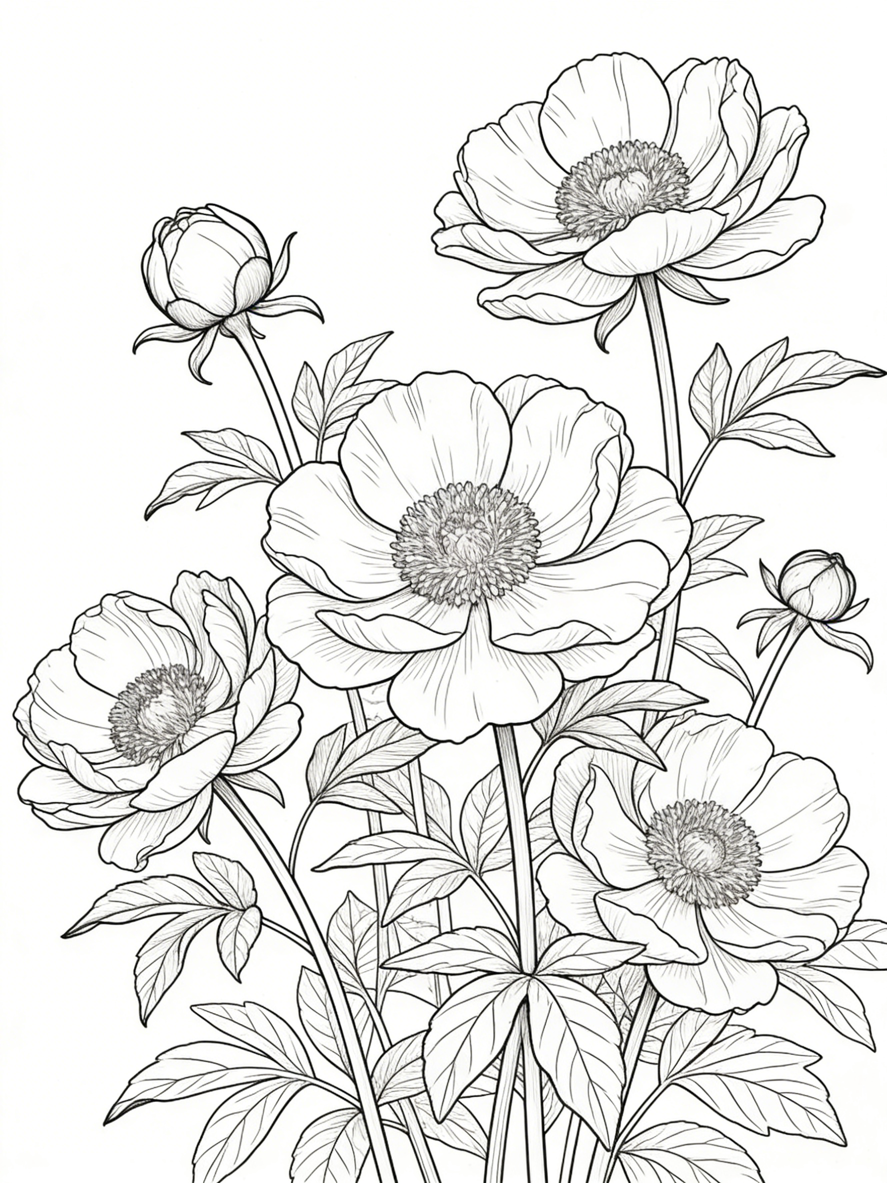 Blooming Herbaceous Peonies with Buds and Foliage — free printable coloring page