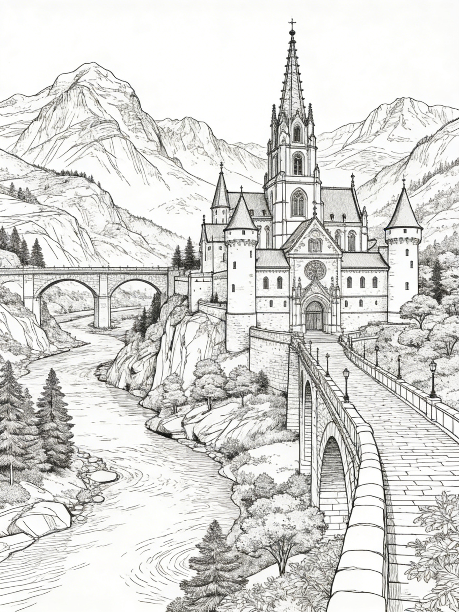 Gothic Alpine Castle Church Over Rocky River Valley — free printable coloring page