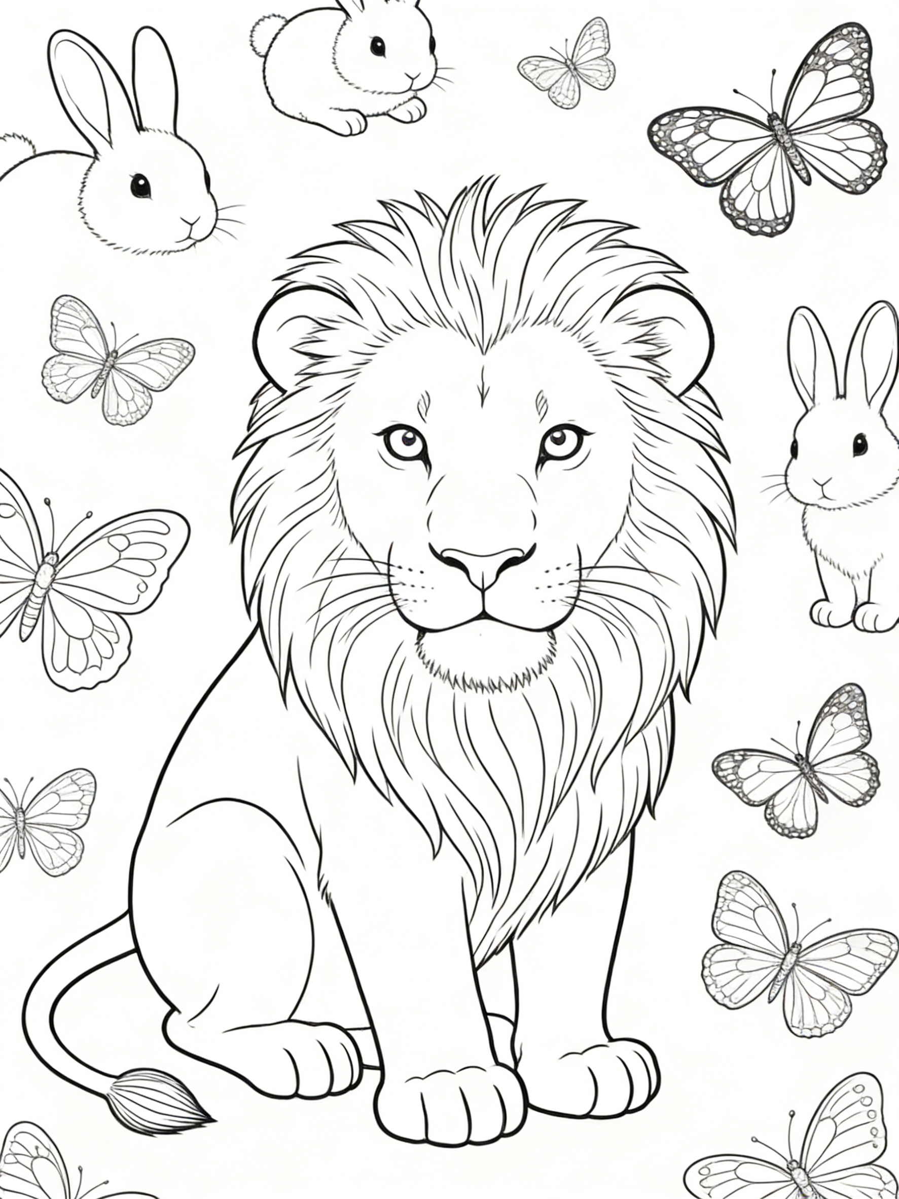 Gentle Lion Cub Surrounded by Cottontail Rabbits and Butterflies — free printable coloring page