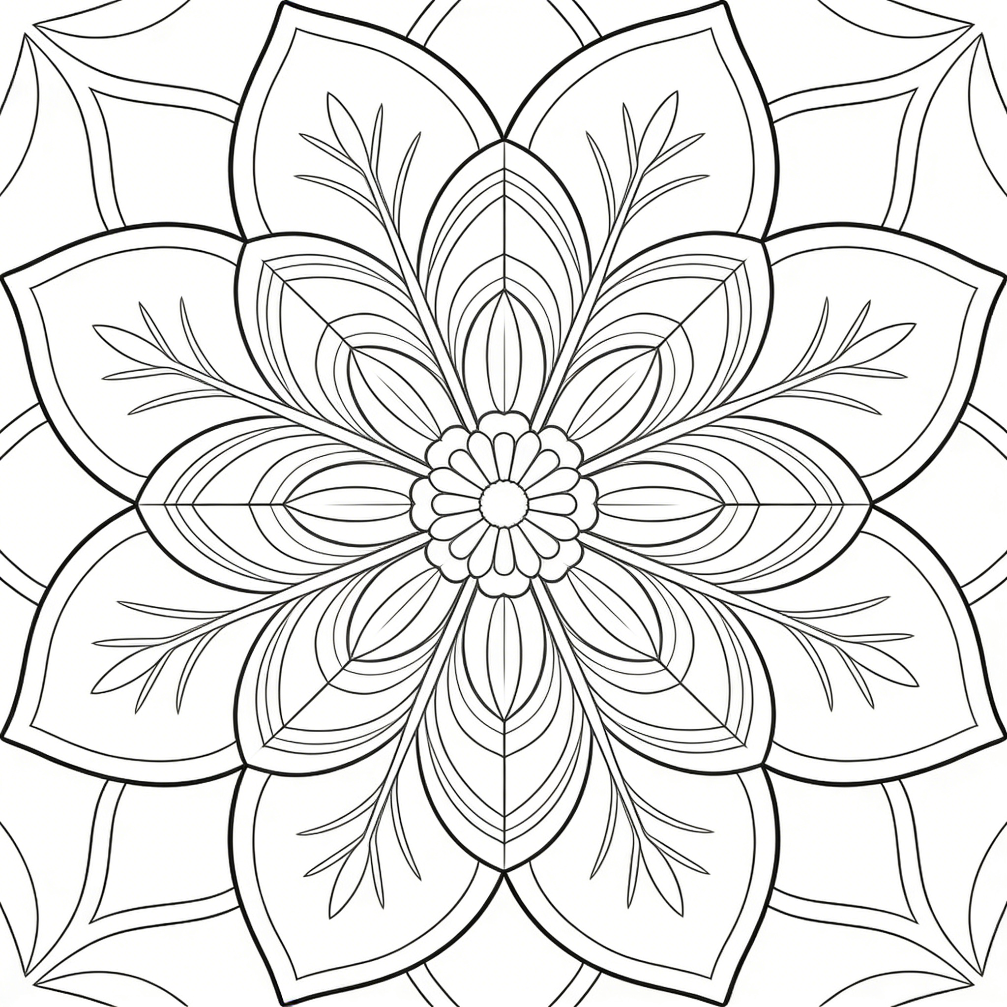 Symmetrical Floral Mandala with Layered Petal Patterns — free printable coloring page