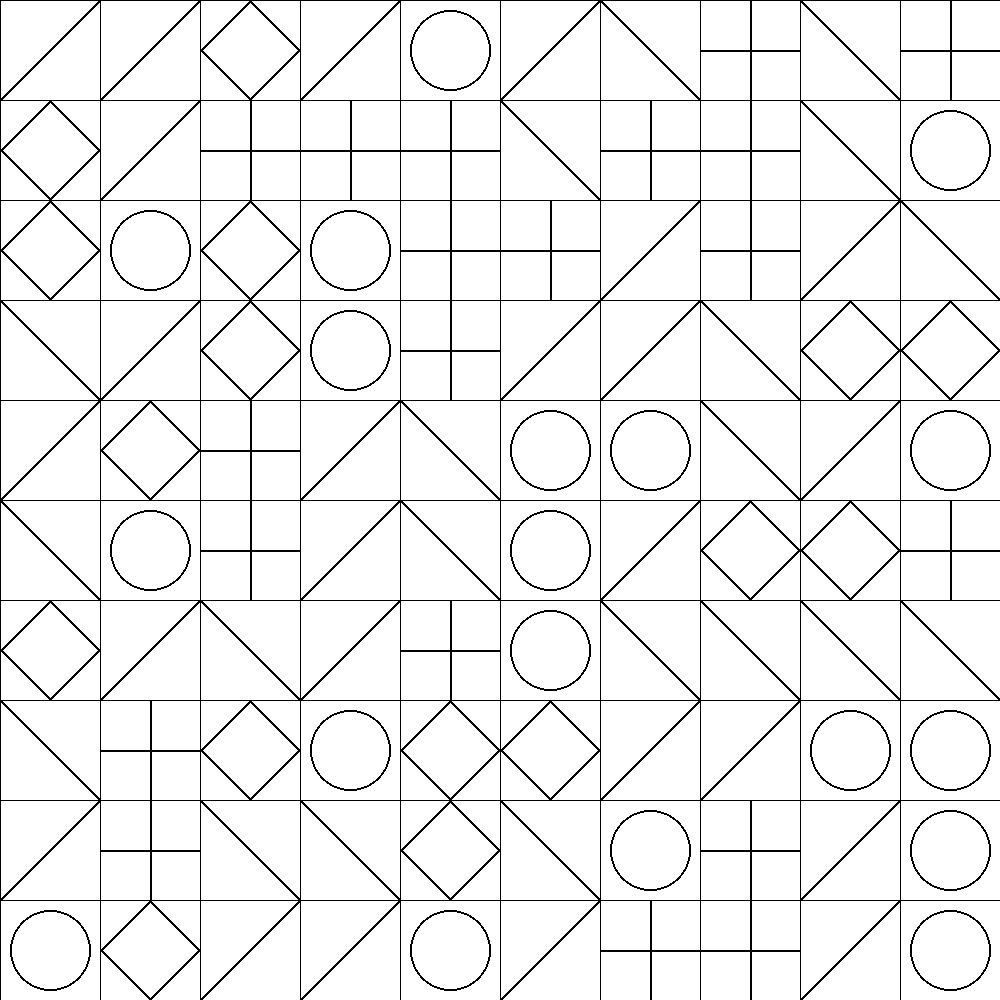 Zentangle-Inspired Geometric Grid with Circles and Diamonds — free printable coloring page