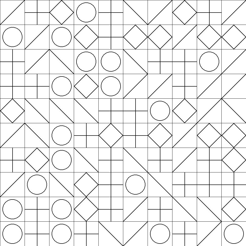 Symmetric Geometric Grid with Circles & Diamond Shapes — free printable coloring page