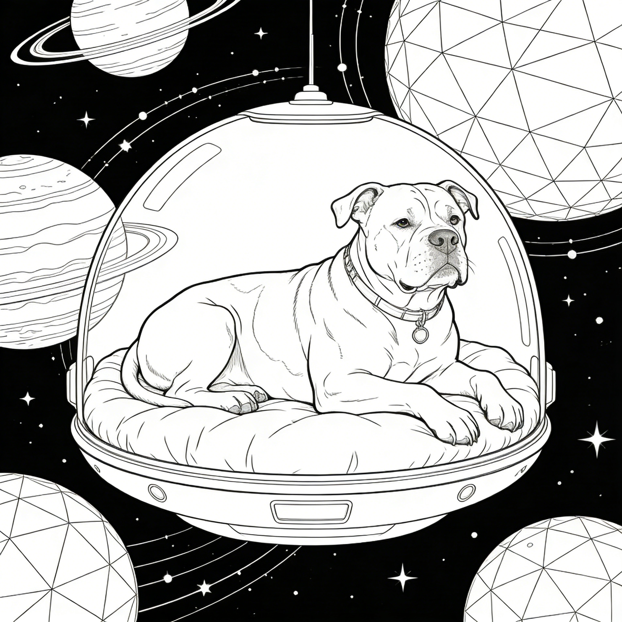 Space-Traveling Pitbull in Mini Spaceship — free printable coloring page