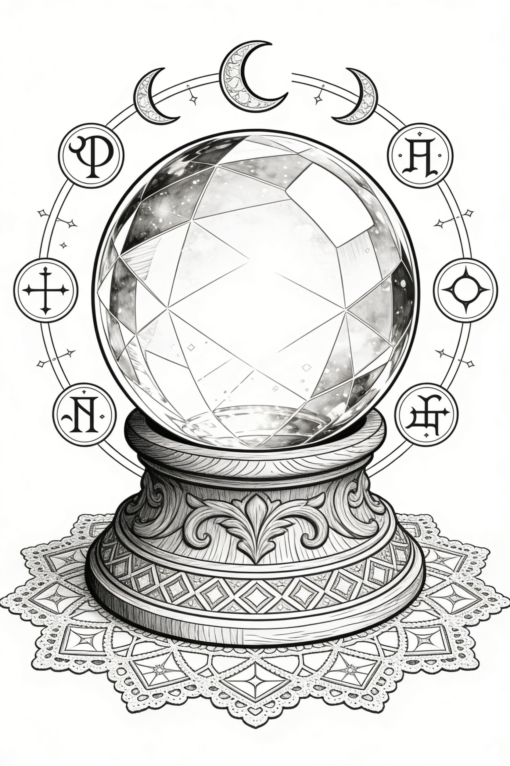 Faceted Crystal Ball with Lunar Symbols & Ornate Base — free printable coloring page