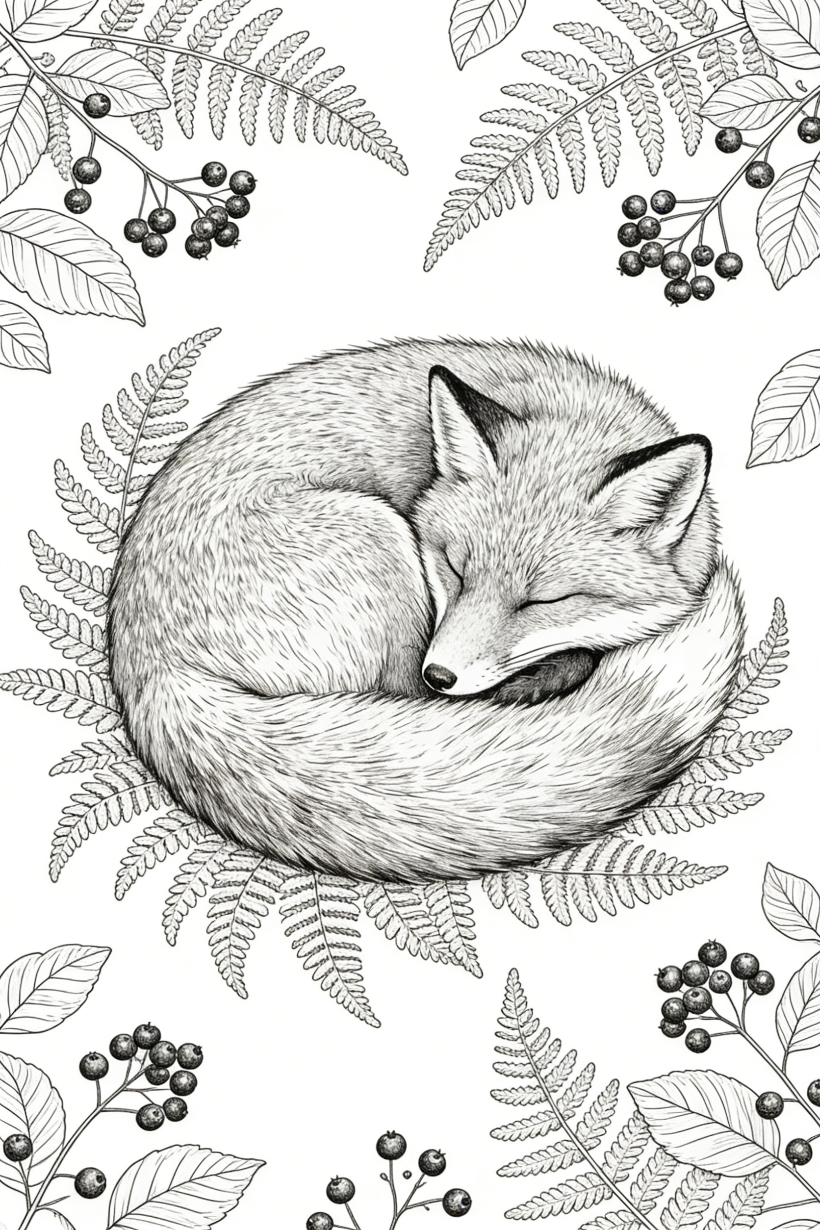 Curled Red Fox Sleeping Amid Ferns and Wild Berries — free printable animals coloring book page