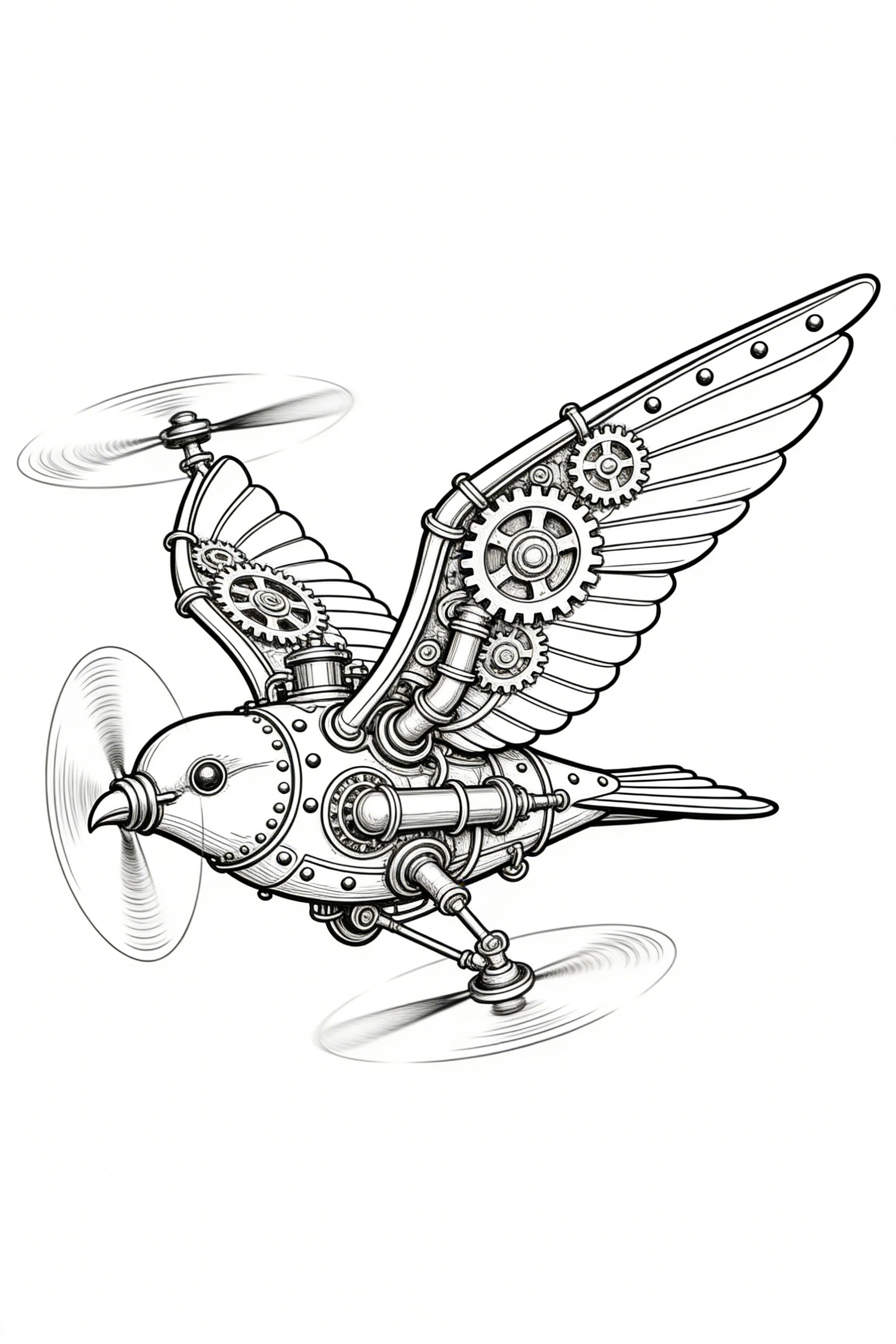 Steampunk Mechanical Bird with Gears and Propellers — free printable coloring page