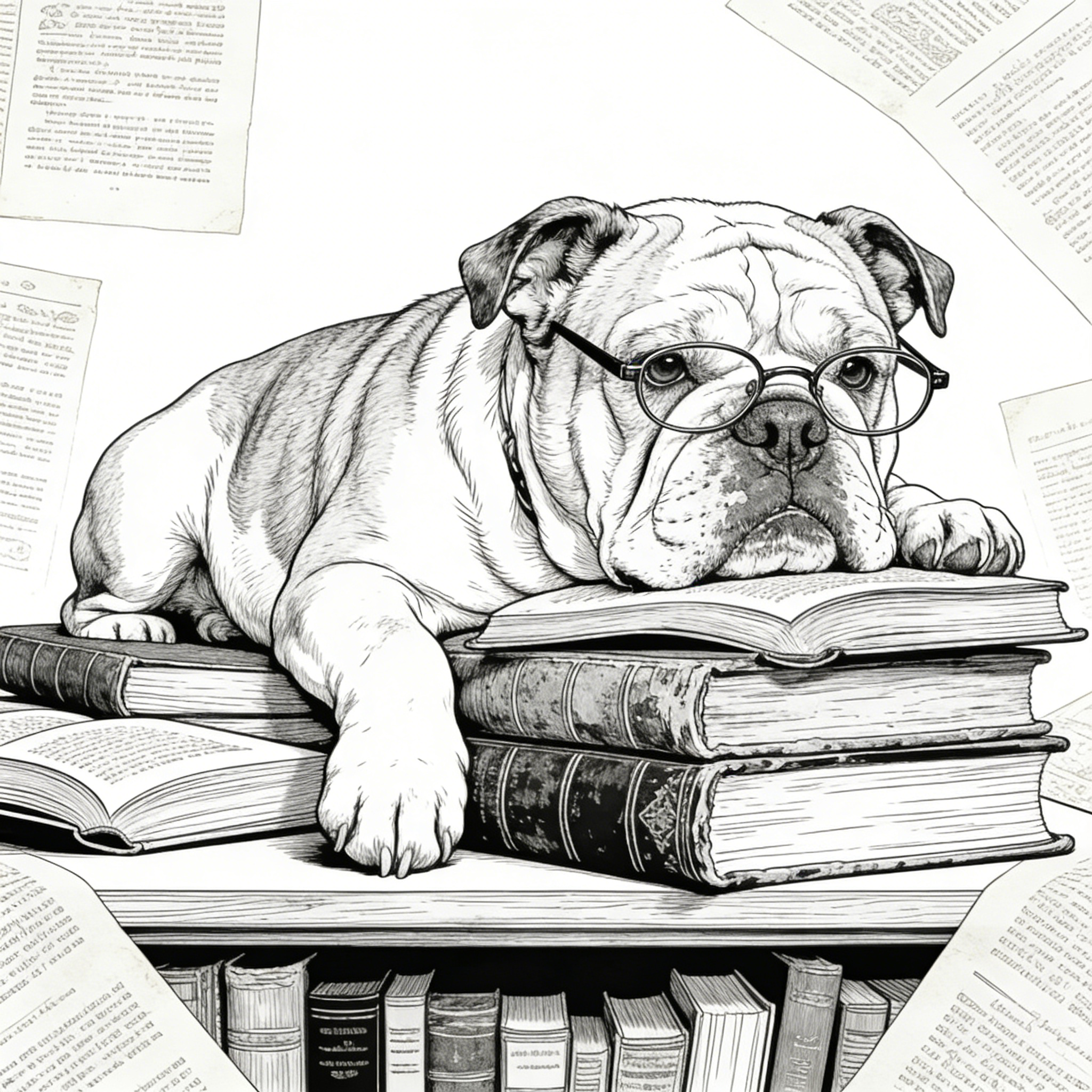 Scholarly Bulldog with Stacked Books — free printable coloring page