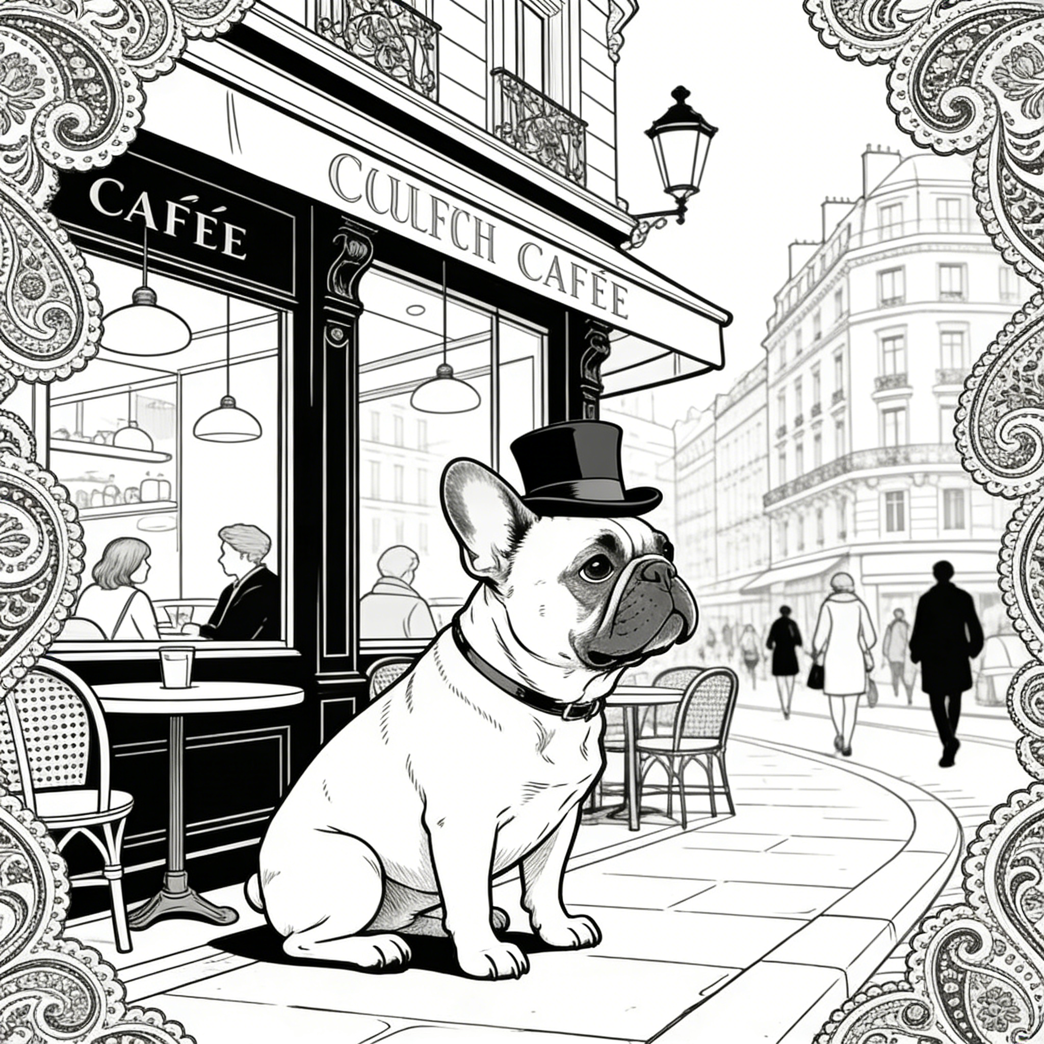 Dapper French Bulldog at Parisian Café — free printable coloring page