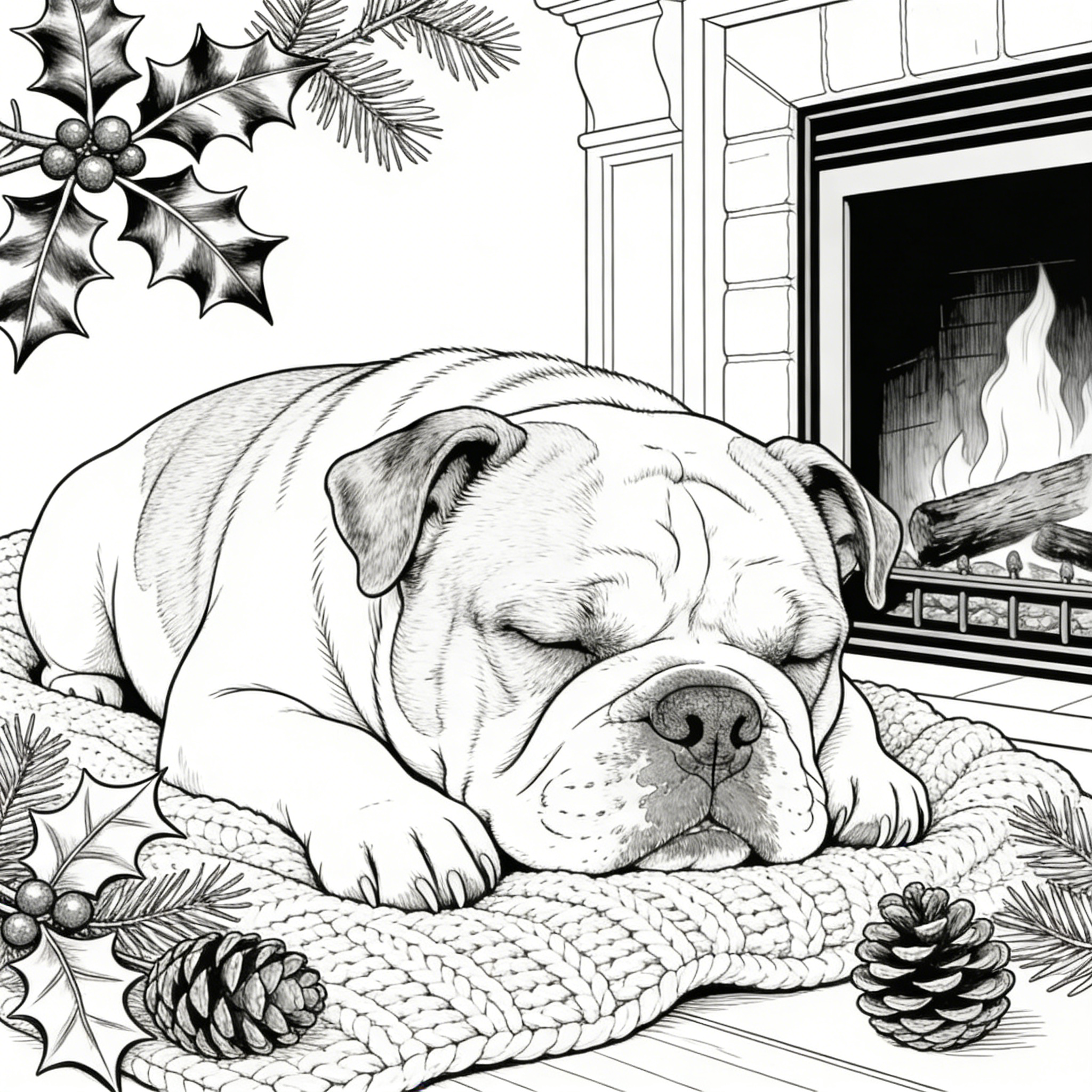 Sleeping Bulldog by Christmas Fireplace — free printable coloring page