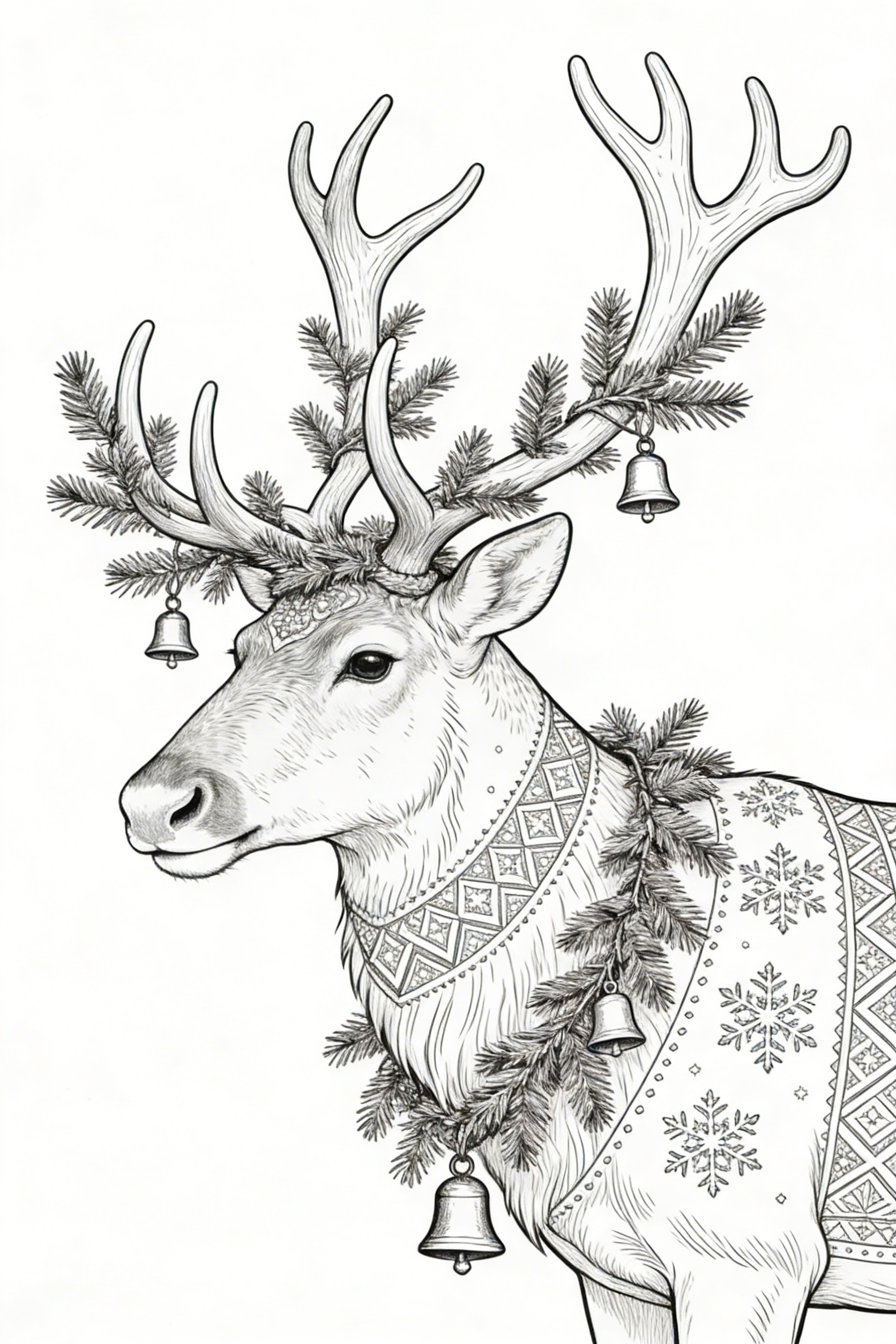 Festively Adorned Reindeer with Pine Garlands and Bells — free printable animals coloring book page