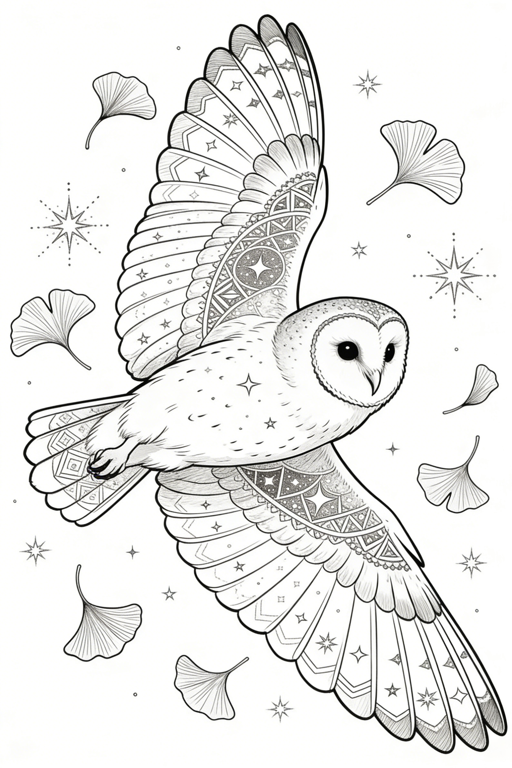 Ornate Barn Owl Gliding Amid Ginkgo Leaves and Stars — free printable coloring page