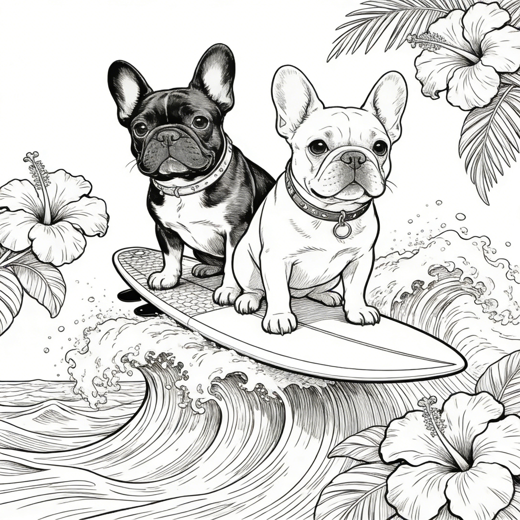 Surfing French Bulldogs with Tropical Hibiscus — free printable coloring page
