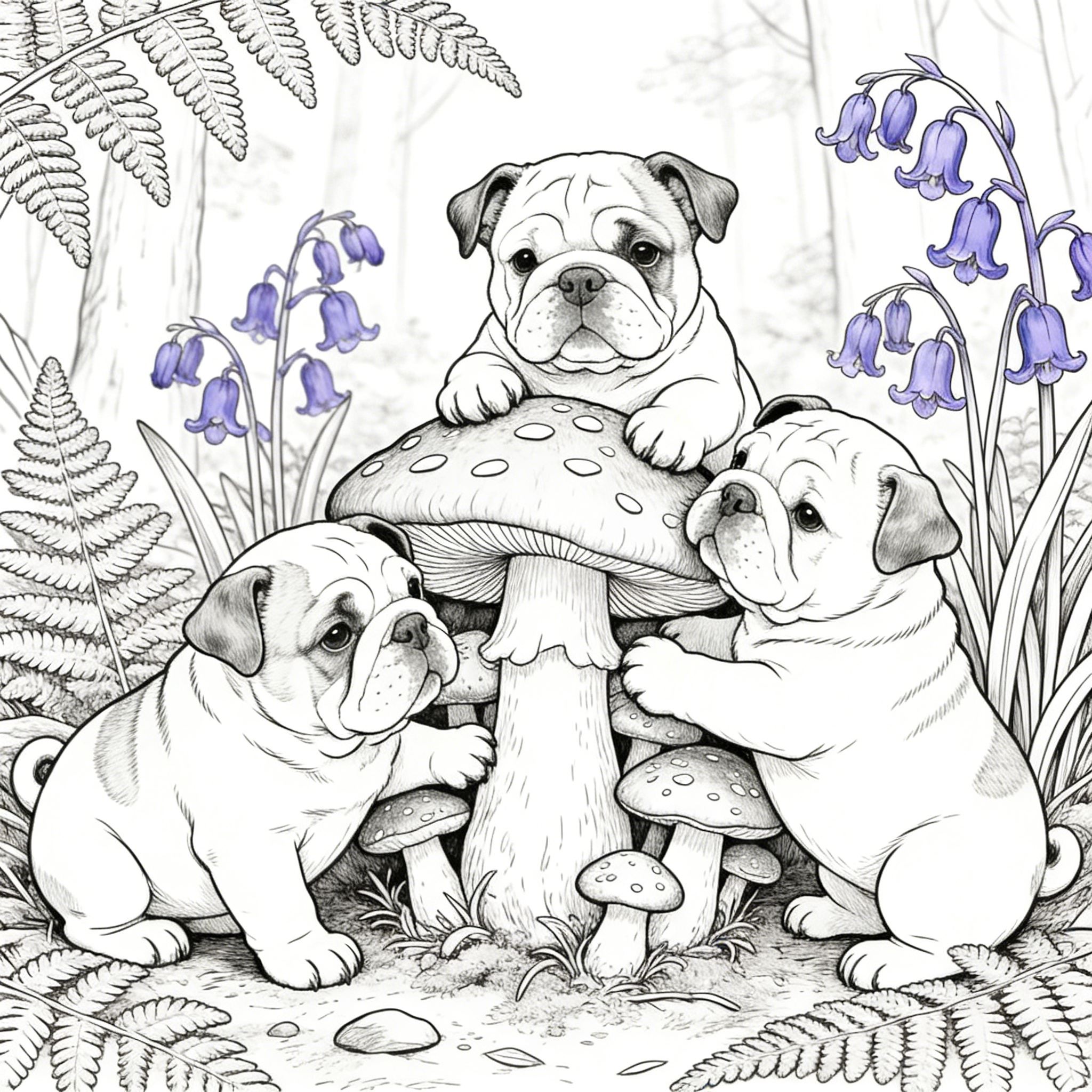 Bulldog Puppies with Forest Mushrooms — free printable coloring page