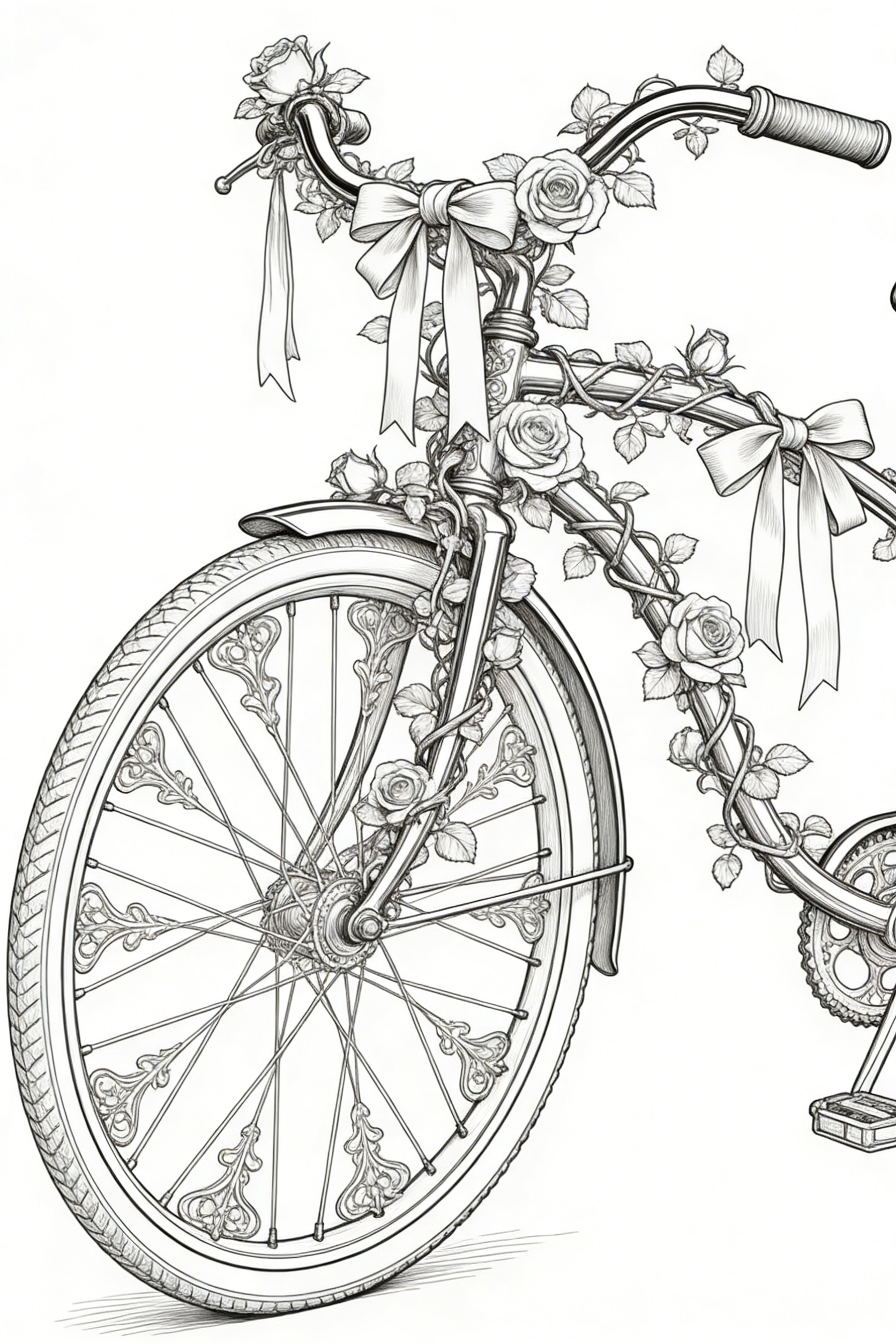 Ornate Vintage Bicycle Wrapped in Climbing Roses & Bows — free printable coloring page
