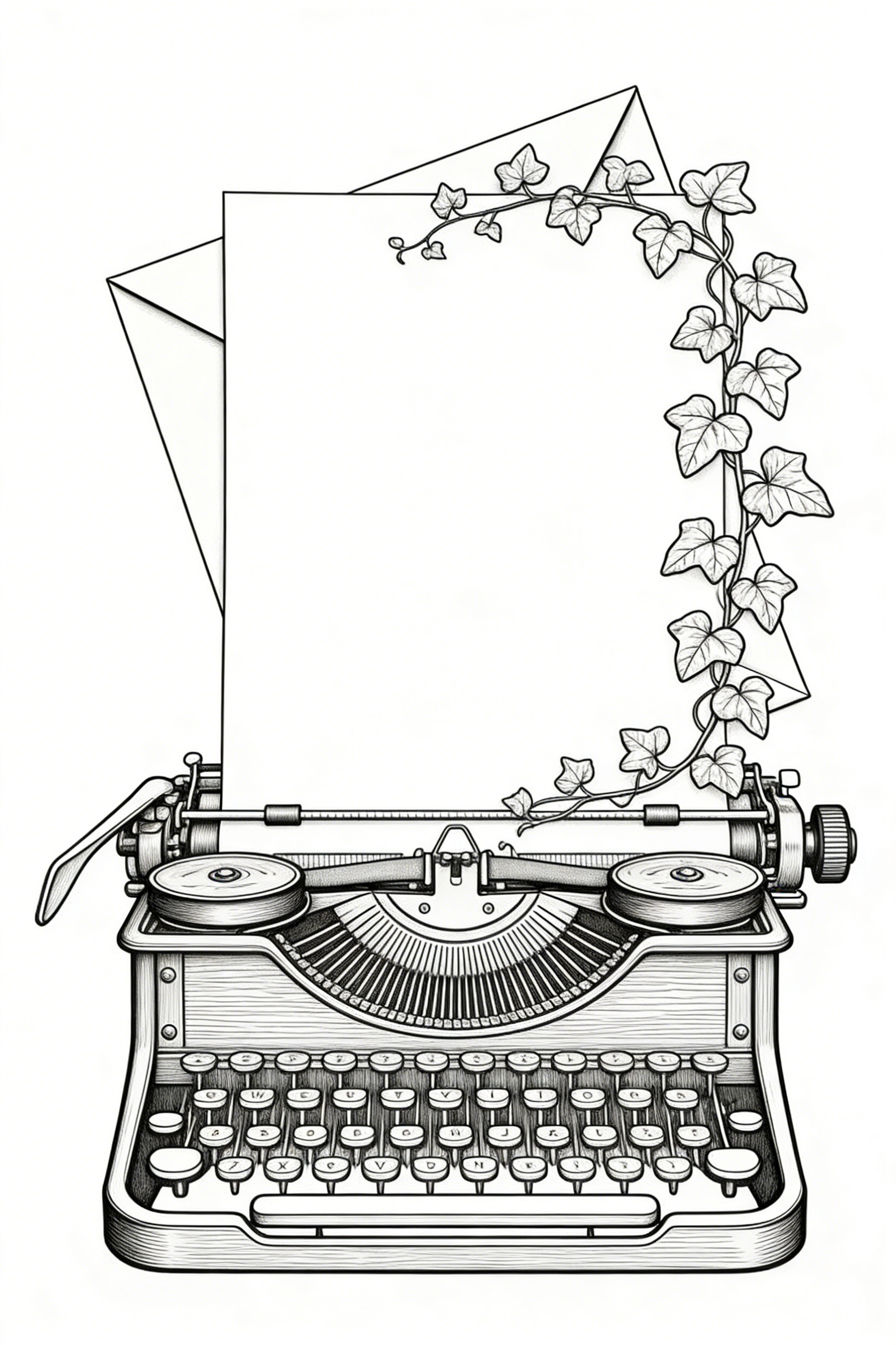Vintage Manual Typewriter with English Ivy and Paper — free printable coloring page