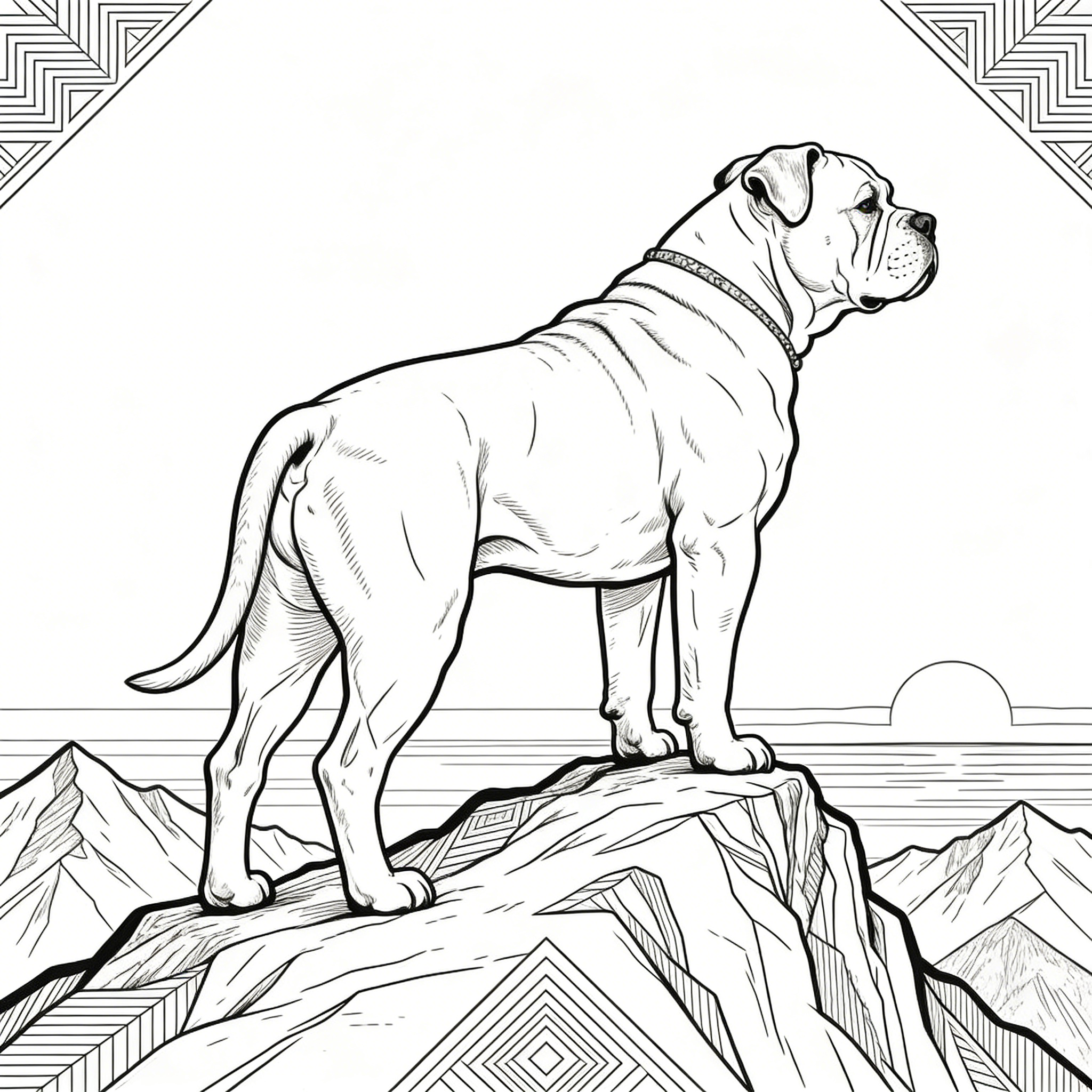 Majestic Bulldog on Rocky Cliff with Geometric Patterns — free printable coloring page