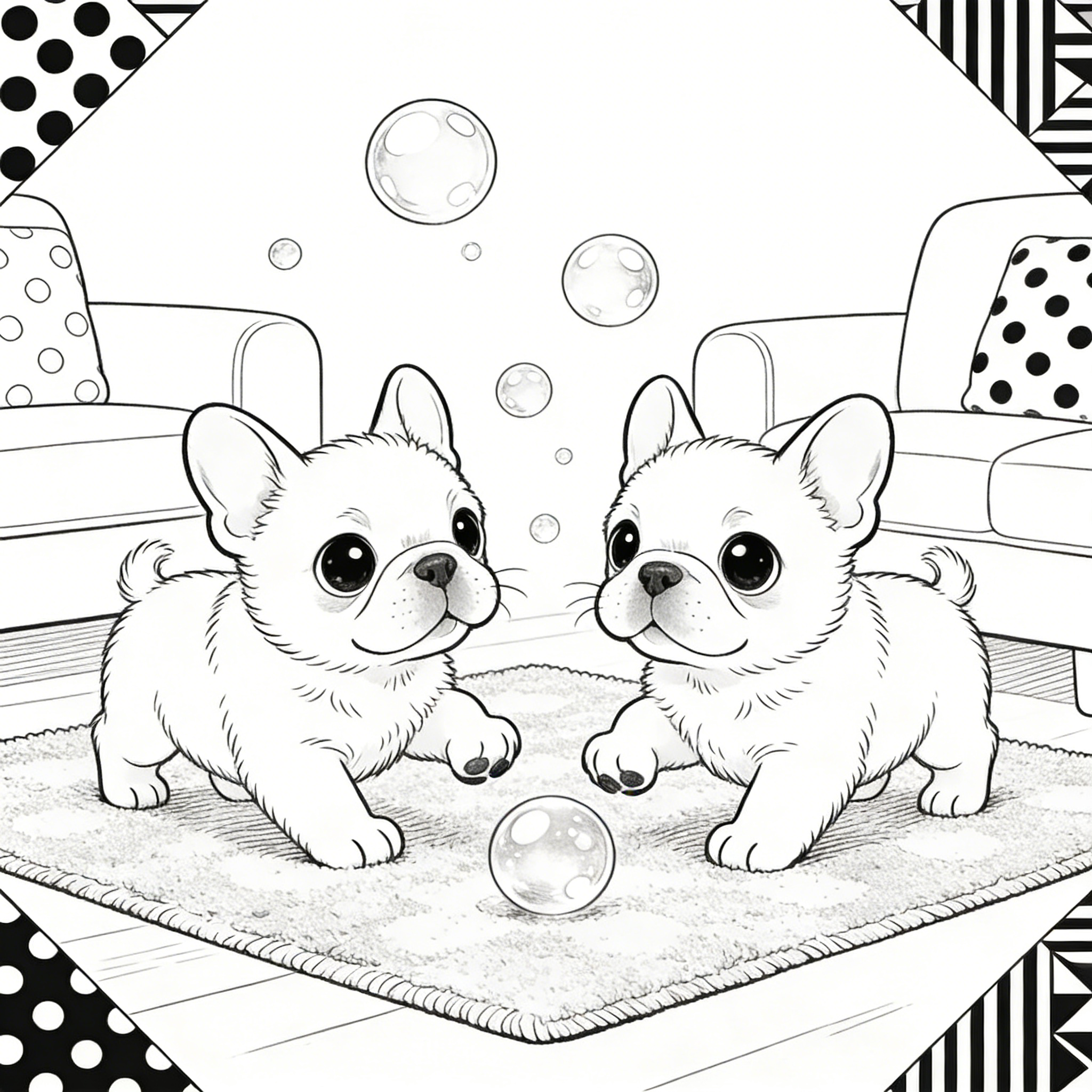 Playful French Bulldog Puppies Chasing Bubbles — free printable coloring page
