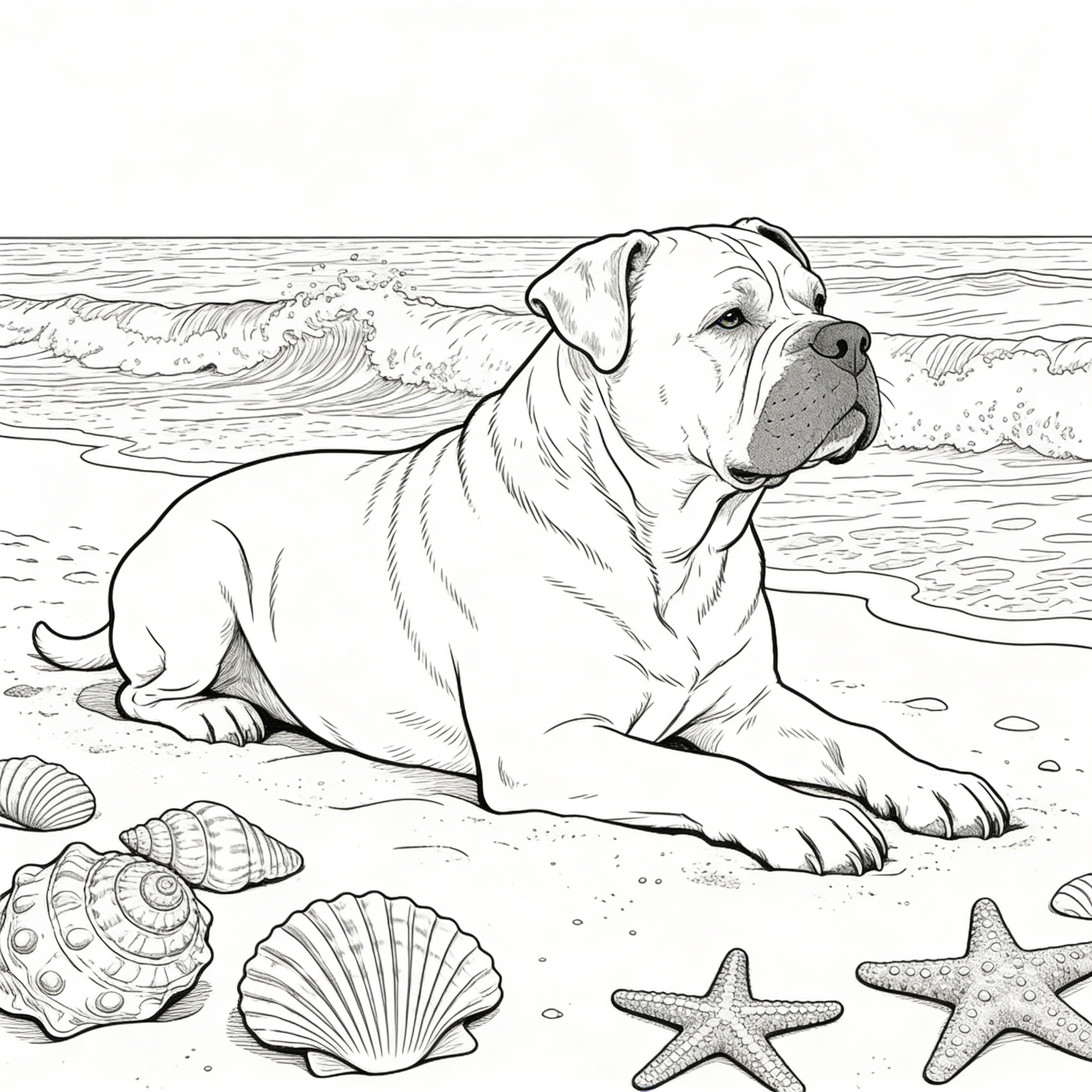 Bulldog Resting on Beach with Seashells — free printable coloring page
