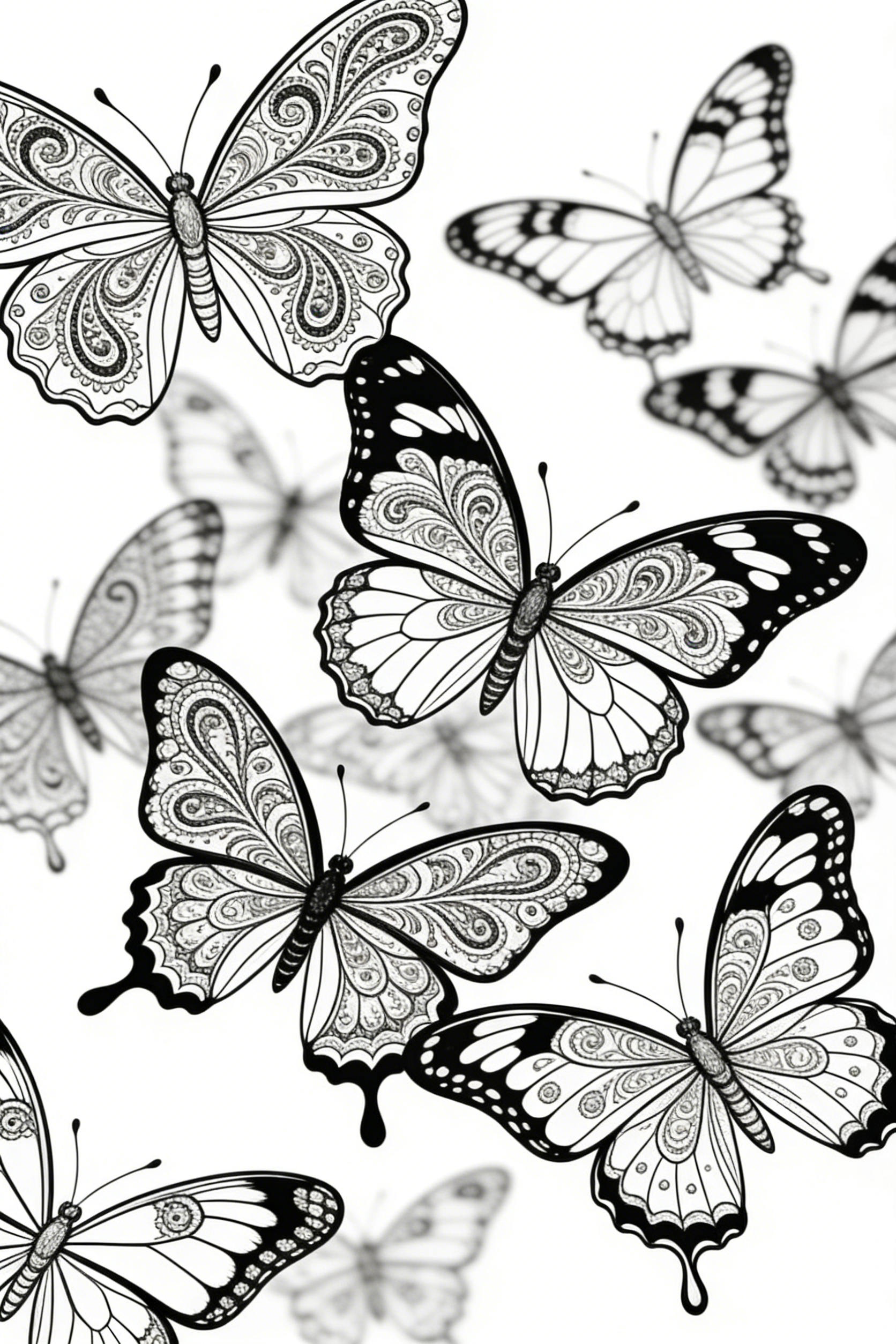 Ornate Swallowtail Butterflies with Paisley Wing Patterns — free printable animals coloring book page