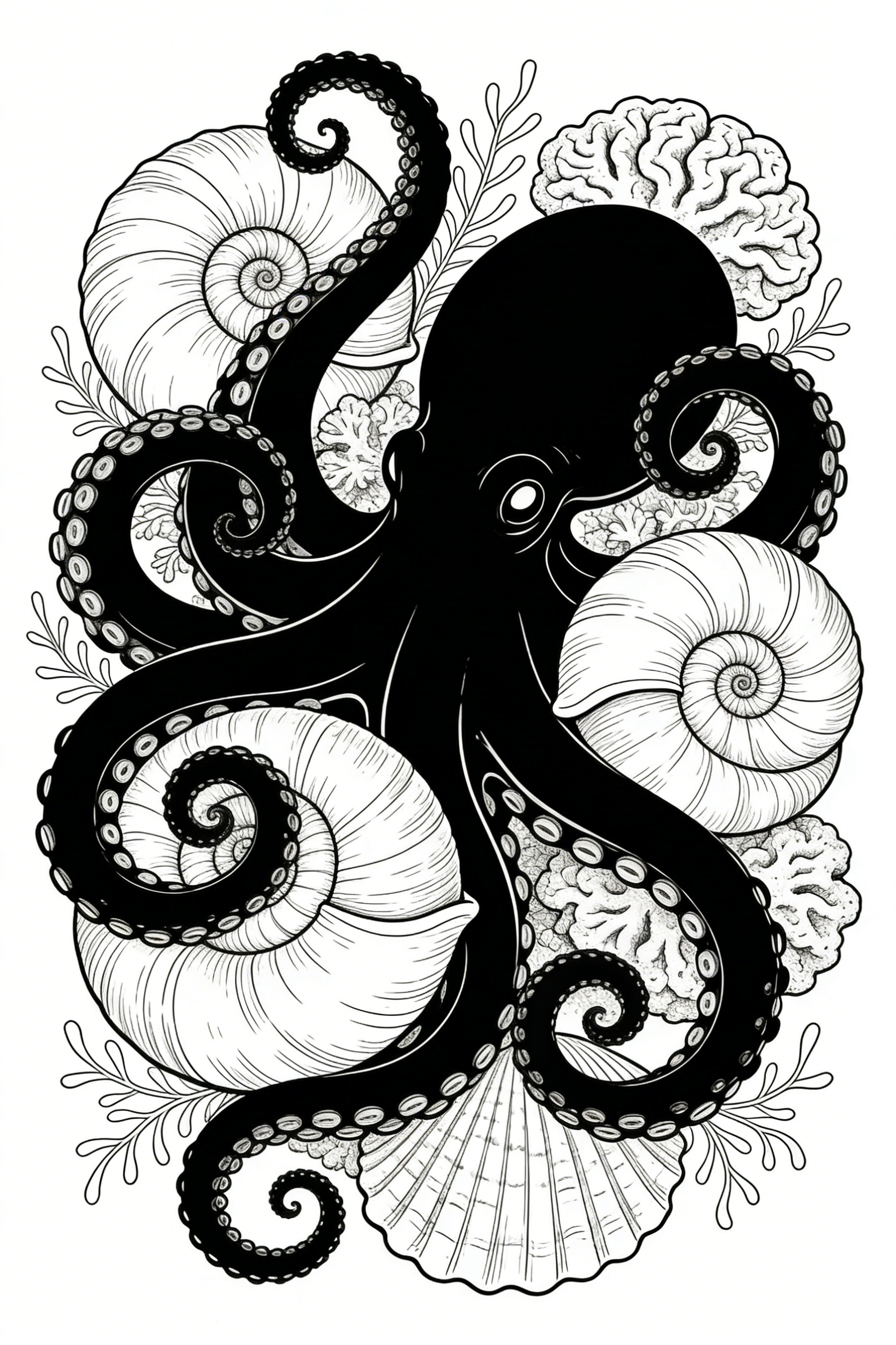 Common Octopus Entwined with Nautilus Shells and Coral — free printable coloring page