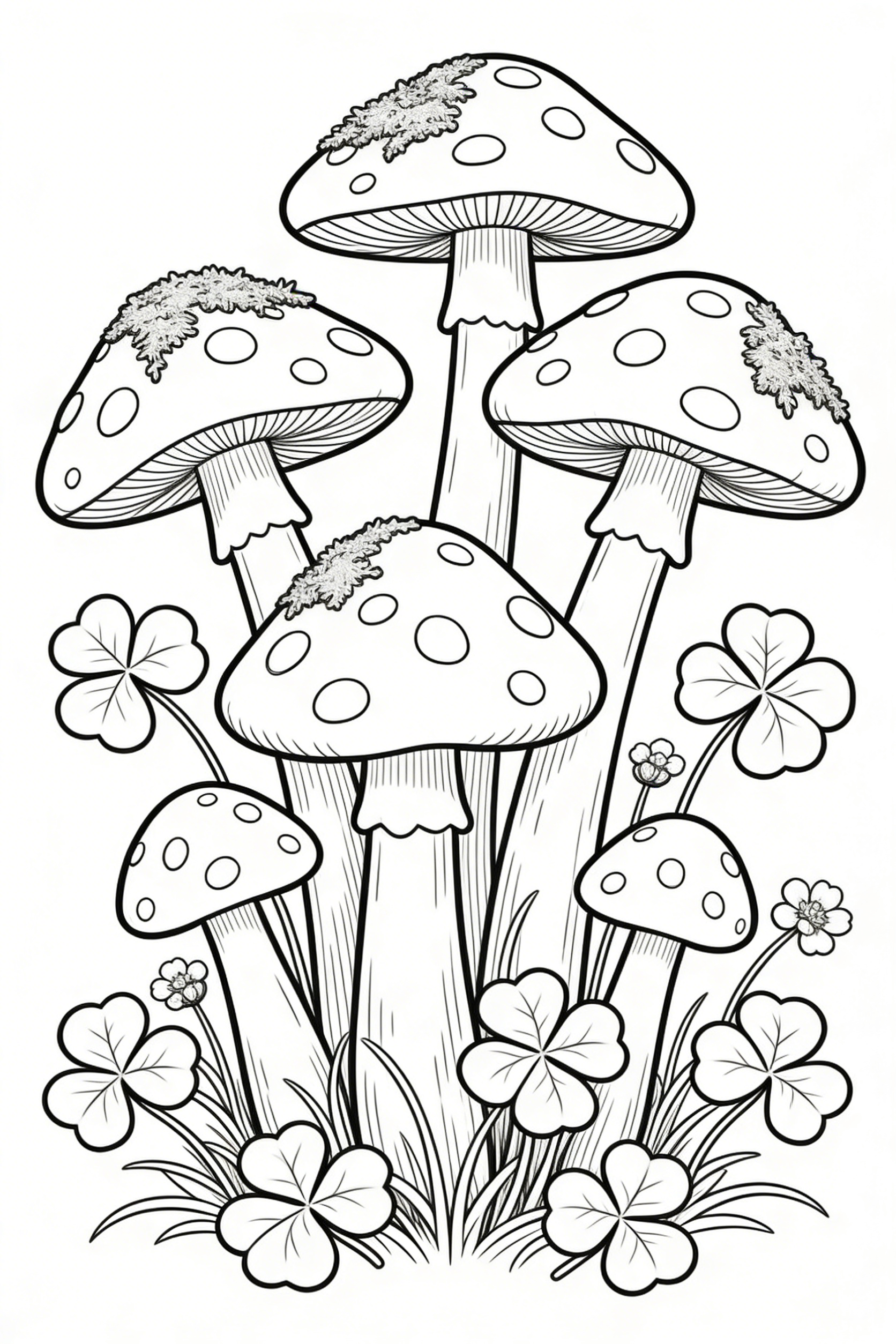 Tall Fly Agaric Mushrooms Surrounded by Four-Leaf Clovers — free printable coloring page