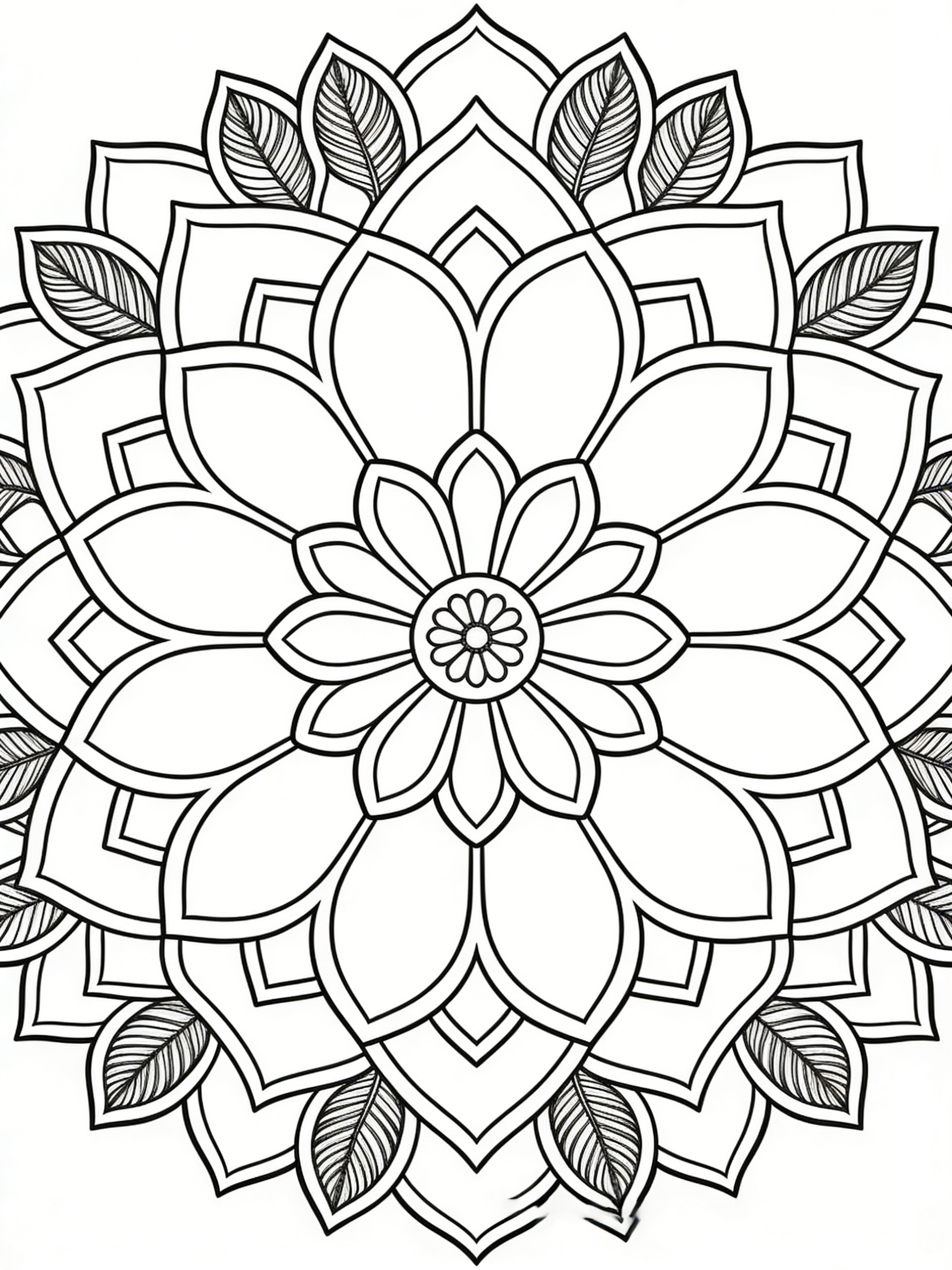 Floral Mandala with Intricate Leaf Accents — free printable coloring page