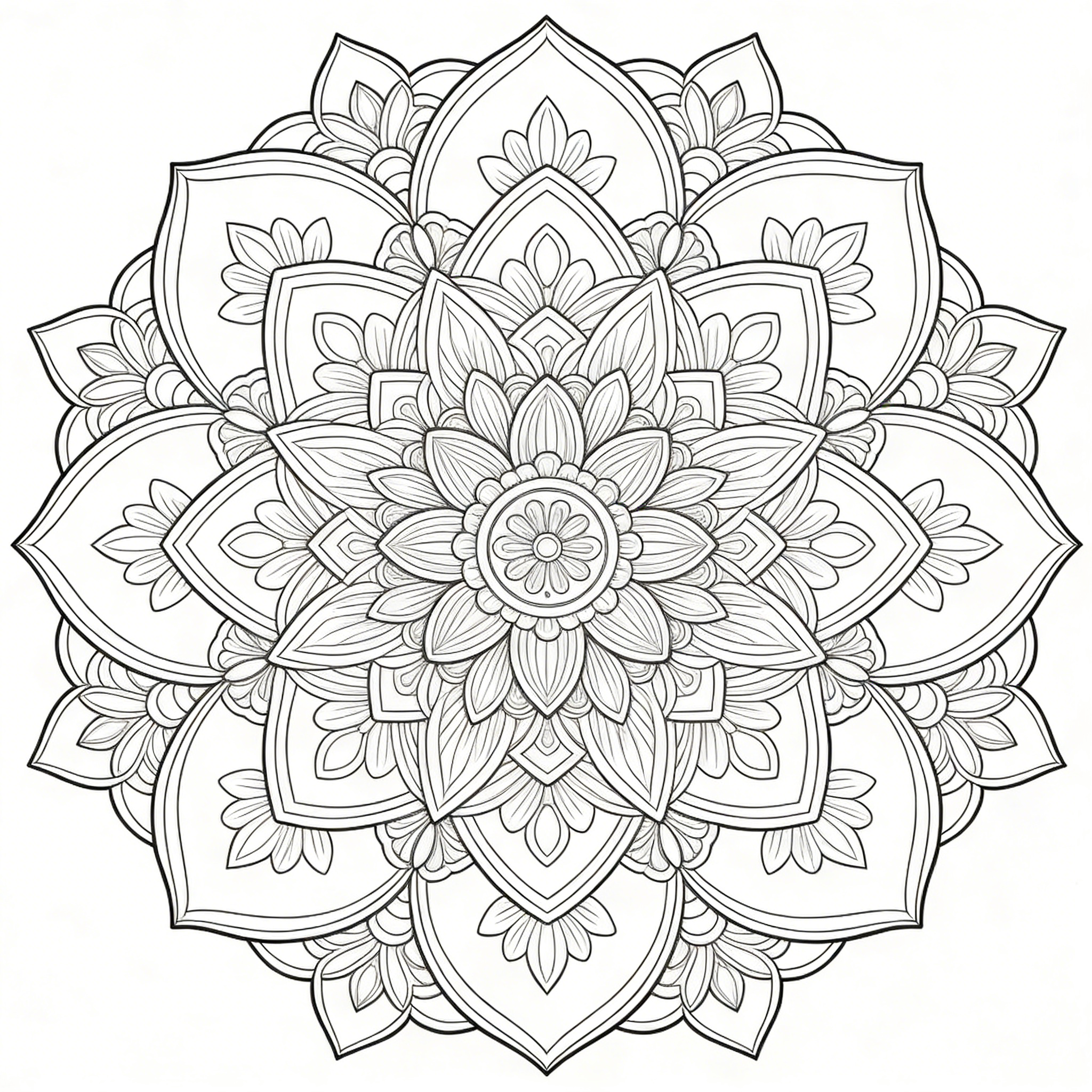 Intricate Floral Mandala with Layered Petal Designs — free printable coloring page