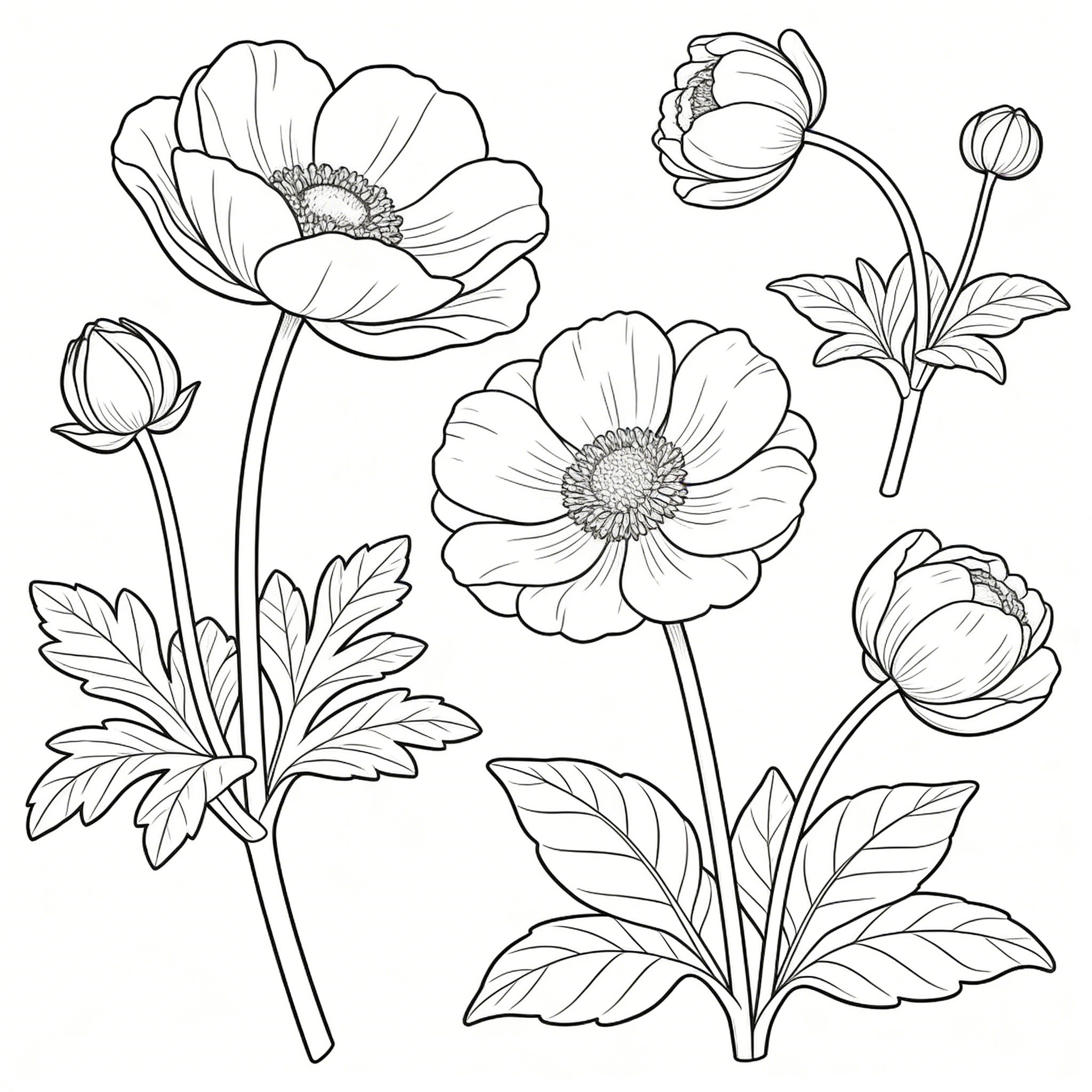 Japanese Anemone Blooms, Buds, and Lacy Foliage — free printable coloring page