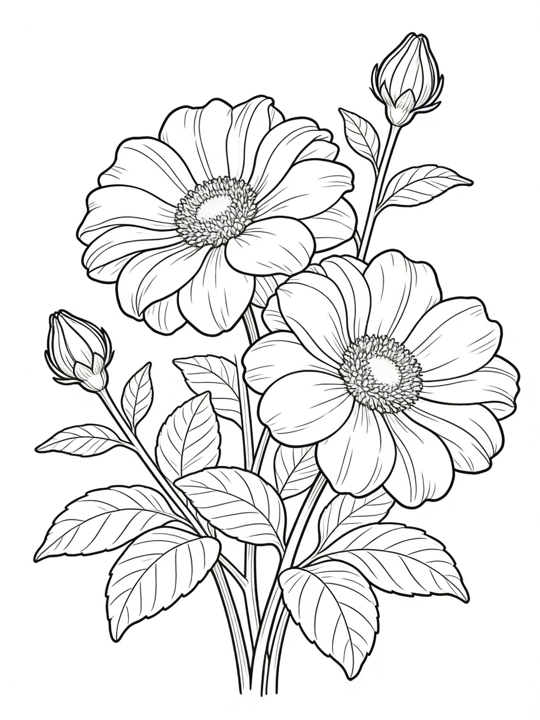 Blooming Garden Cosmos with Buds and Foliage — free printable coloring page
