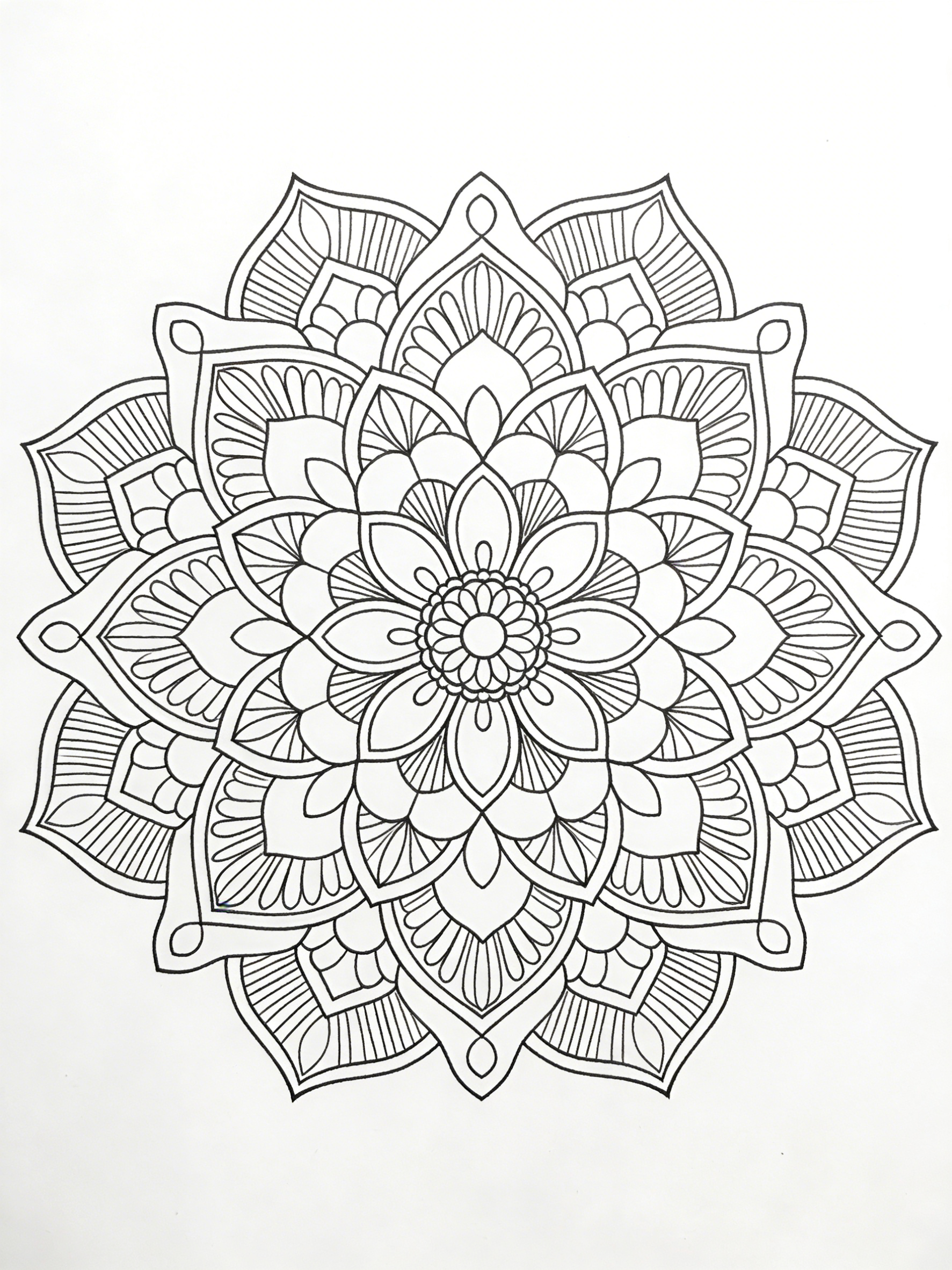 Lotus-Themed Mandala with Ornate Layered Petals — free printable coloring page