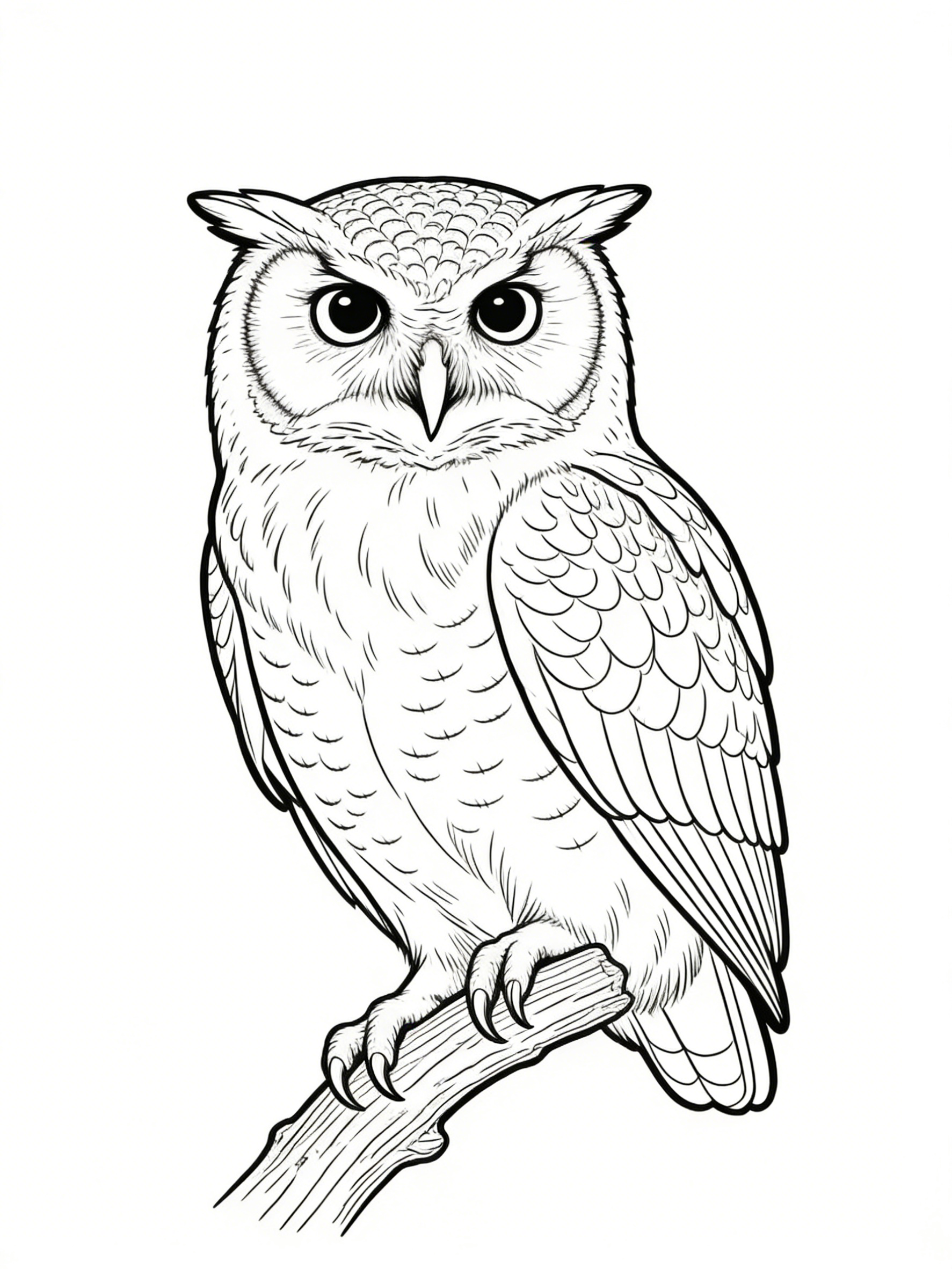 Alert Screech Owl Perched on Weathered Branch — free printable coloring page