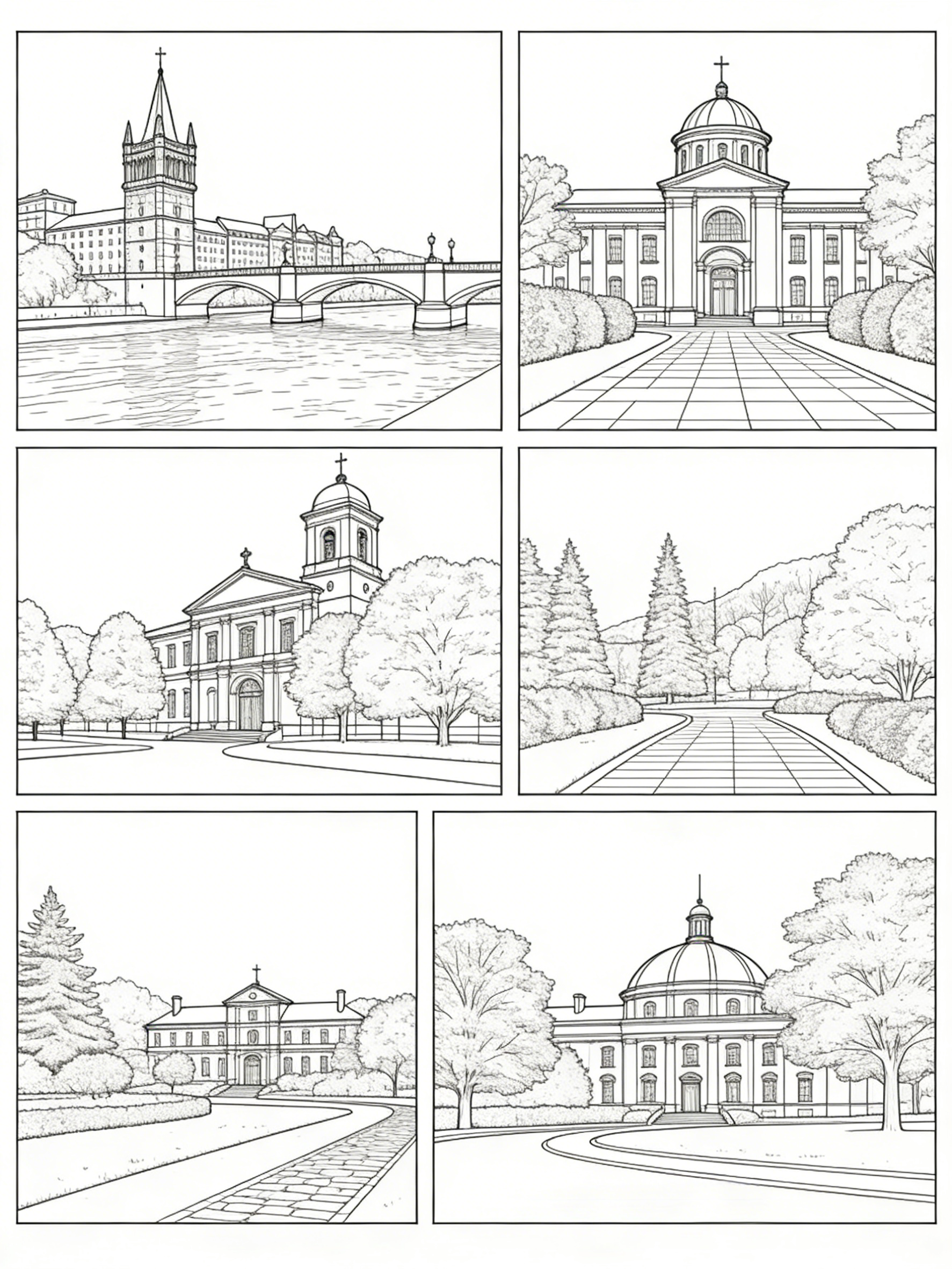 Six Classical European Church & Abbey Landscape Scenes — free printable coloring page